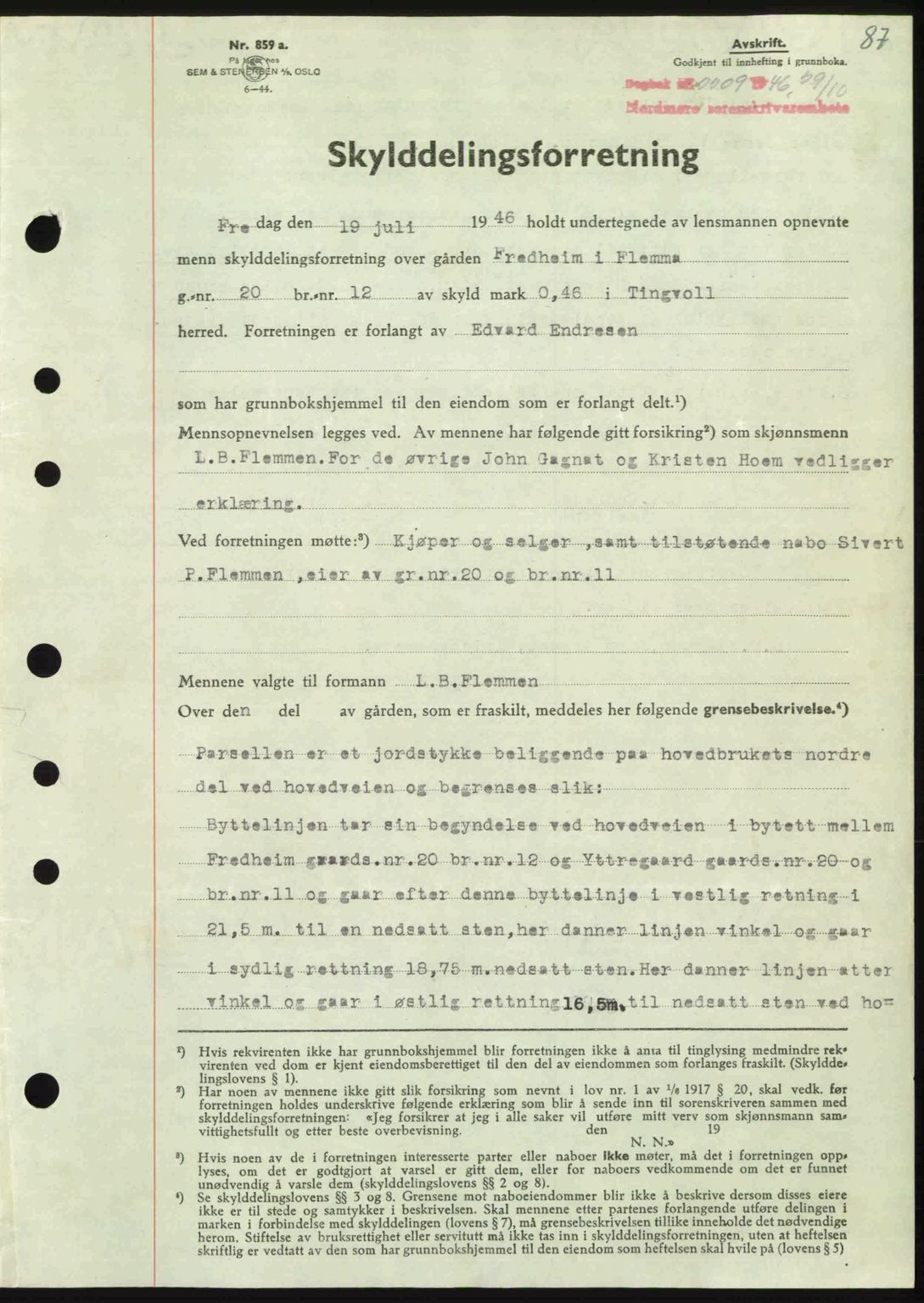 Nordmøre sorenskriveri, AV/SAT-A-4132/1/2/2Ca: Mortgage book no. A103, 1946-1947, Diary no: : 2209/1946