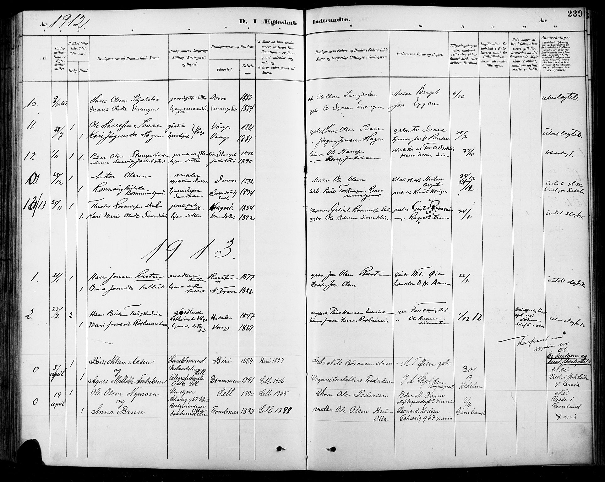 Sel prestekontor, SAH/PREST-074/H/Ha/Hab/L0001: Parish register (copy) no. 1, 1894-1923, p. 239