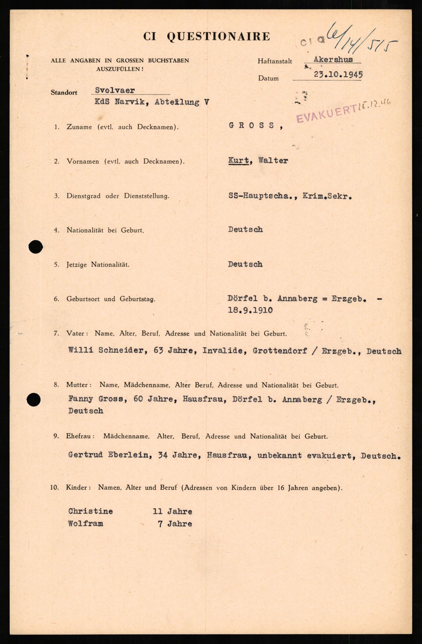 Forsvaret, Forsvarets overkommando II, AV/RA-RAFA-3915/D/Db/L0010: CI Questionaires. Tyske okkupasjonsstyrker i Norge. Tyskere., 1945-1946, p. 257