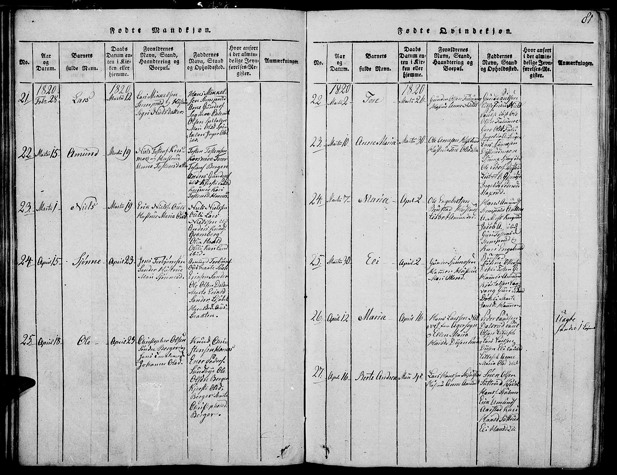 Strøm-Odalen prestekontor, AV/SAH-PREST-028/H/Ha/Haa/L0006: Parish register (official) no. 6, 1814-1850, p. 81