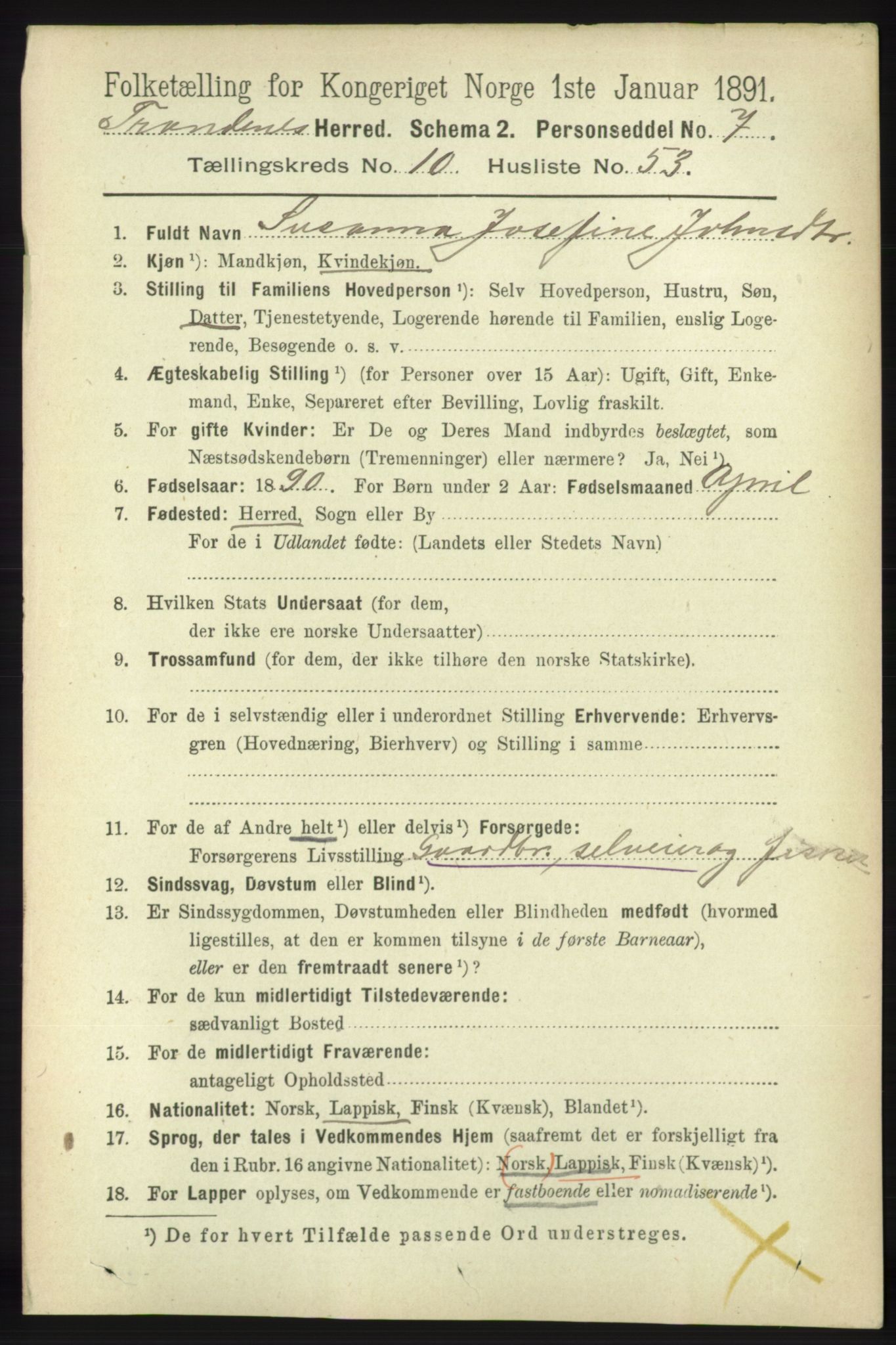 RA, 1891 census for 1914 Trondenes, 1891, p. 7864