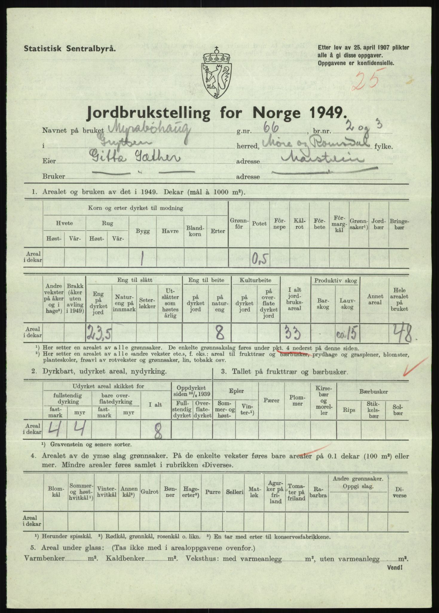 Statistisk sentralbyrå, Næringsøkonomiske emner, Jordbruk, skogbruk, jakt, fiske og fangst, AV/RA-S-2234/G/Gc/L0323: Møre og Romsdal: Grytten og Hen, 1949, p. 135