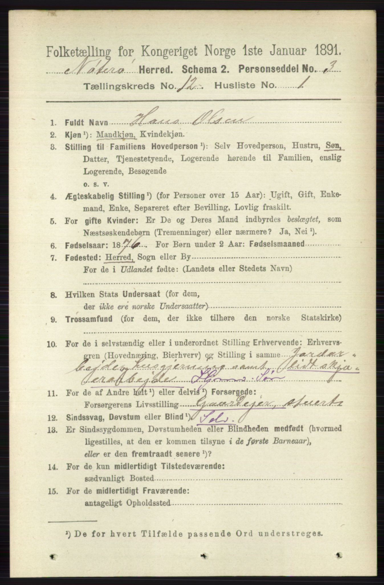 RA, 1891 census for 0722 Nøtterøy, 1891, p. 6383