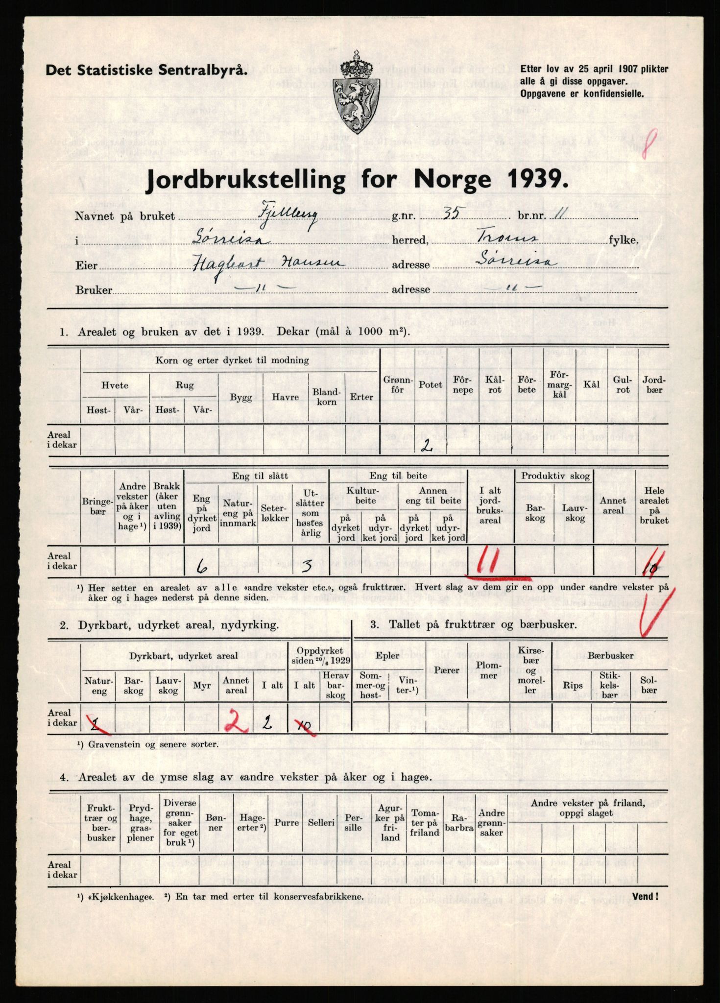 Statistisk sentralbyrå, Næringsøkonomiske emner, Jordbruk, skogbruk, jakt, fiske og fangst, AV/RA-S-2234/G/Gb/L0341: Troms: Sørreisa og Tranøy, 1939, p. 209