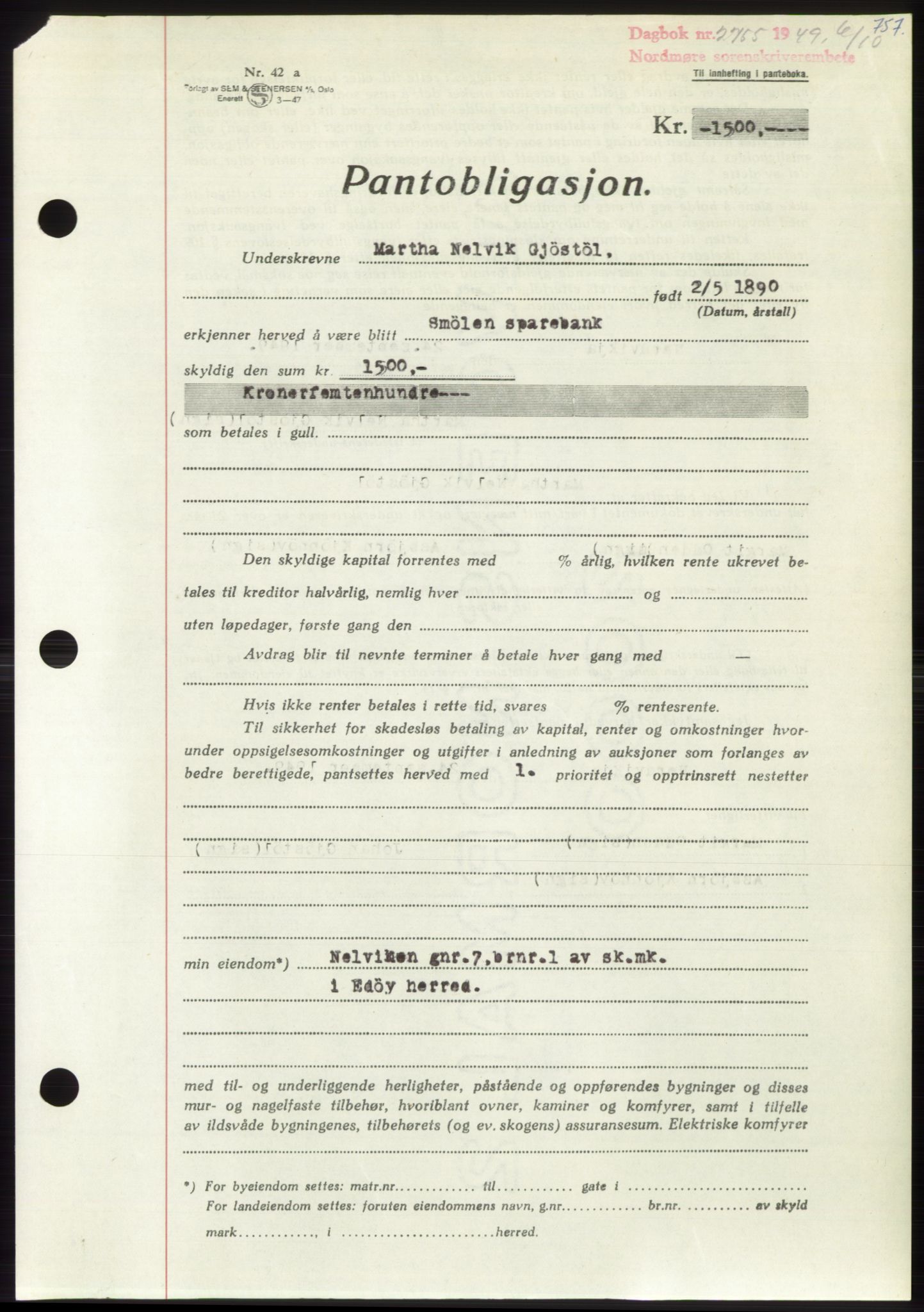 Nordmøre sorenskriveri, AV/SAT-A-4132/1/2/2Ca: Mortgage book no. B102, 1949-1949, Diary no: : 2755/1949