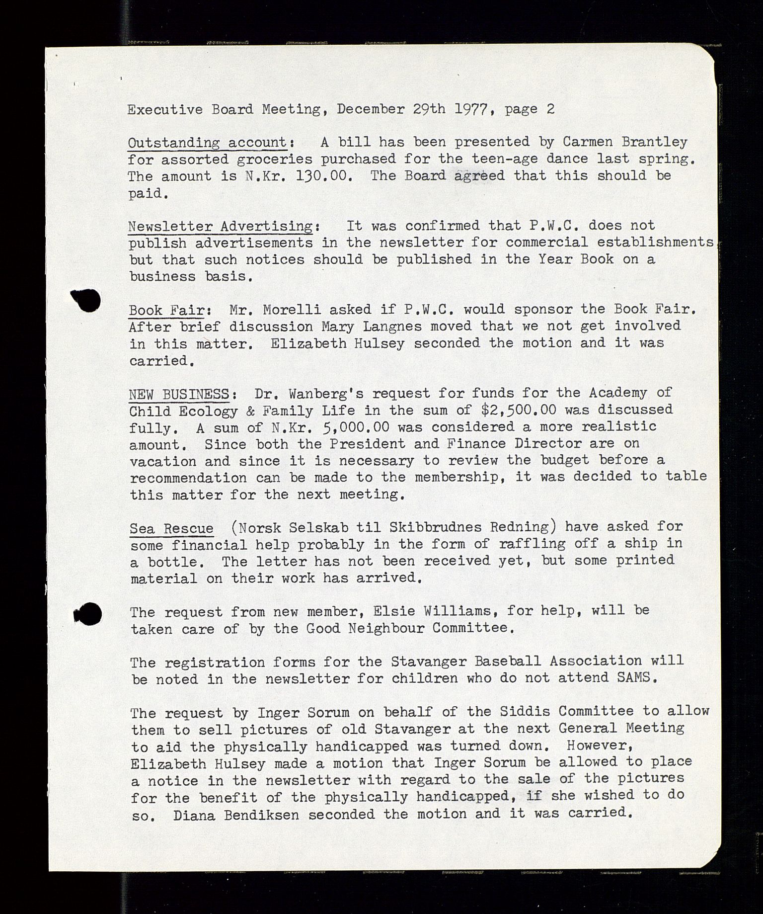 PA 1547 - Petroleum Wives Club, AV/SAST-A-101974/A/Aa/L0001: Board and General Meeting, 1970-1983