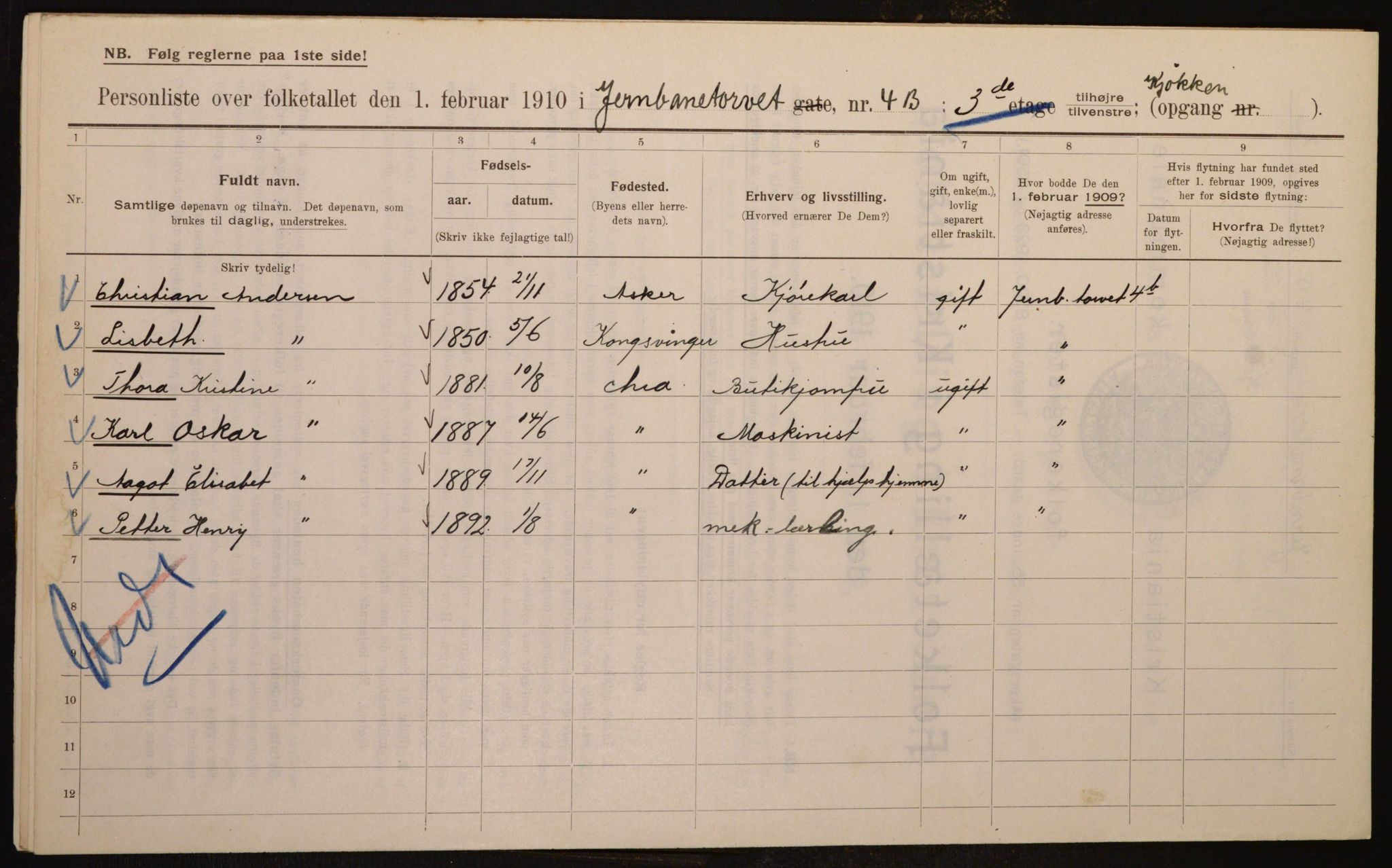 OBA, Municipal Census 1910 for Kristiania, 1910, p. 45617