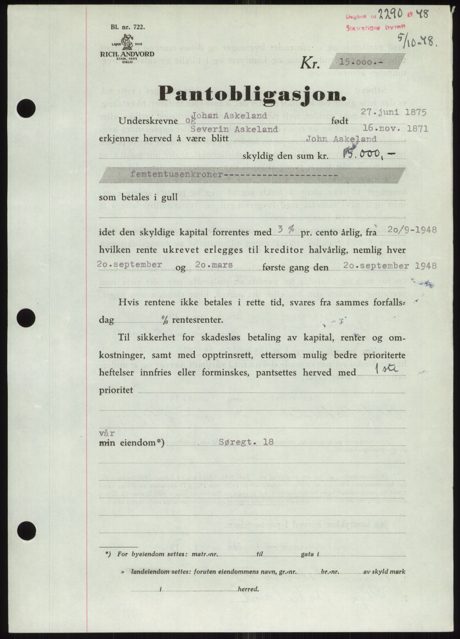 Stavanger byrett, SAST/A-100455/002/G/Gb/L0032: Mortgage book, 1947-1950, Diary no: : 2290/1948