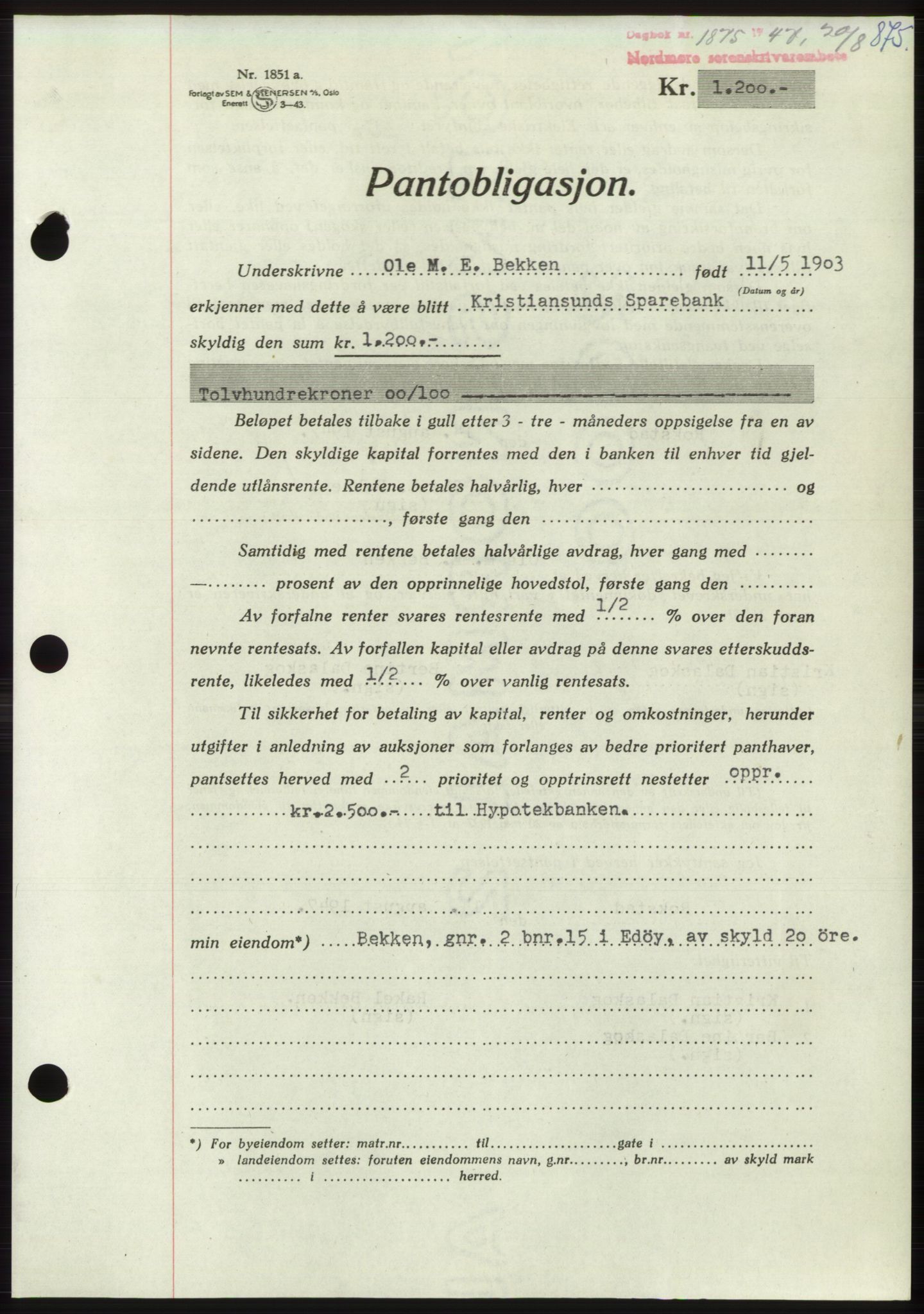 Nordmøre sorenskriveri, AV/SAT-A-4132/1/2/2Ca: Mortgage book no. B96, 1947-1947, Diary no: : 1875/1947