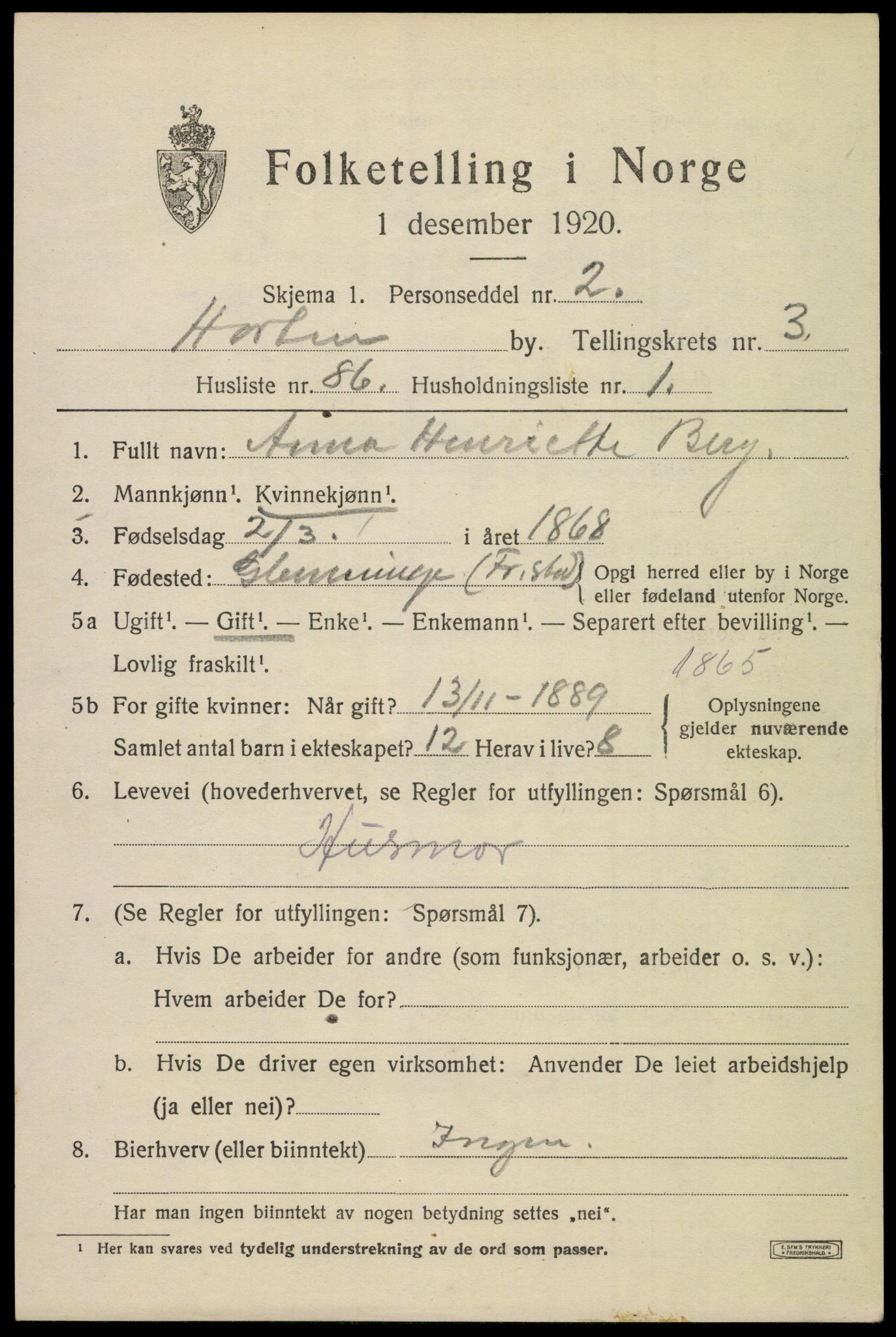 SAKO, 1920 census for Horten, 1920, p. 14647