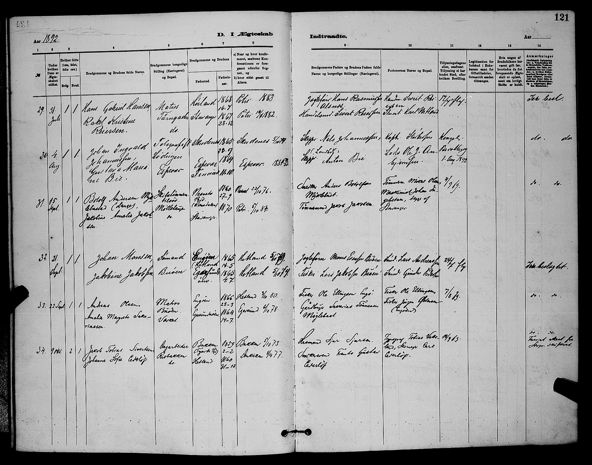 St. Johannes sokneprestkontor, AV/SAST-A-101814/001/30/30BB/L0001: Parish register (copy) no. B 1, 1885-1897, p. 121