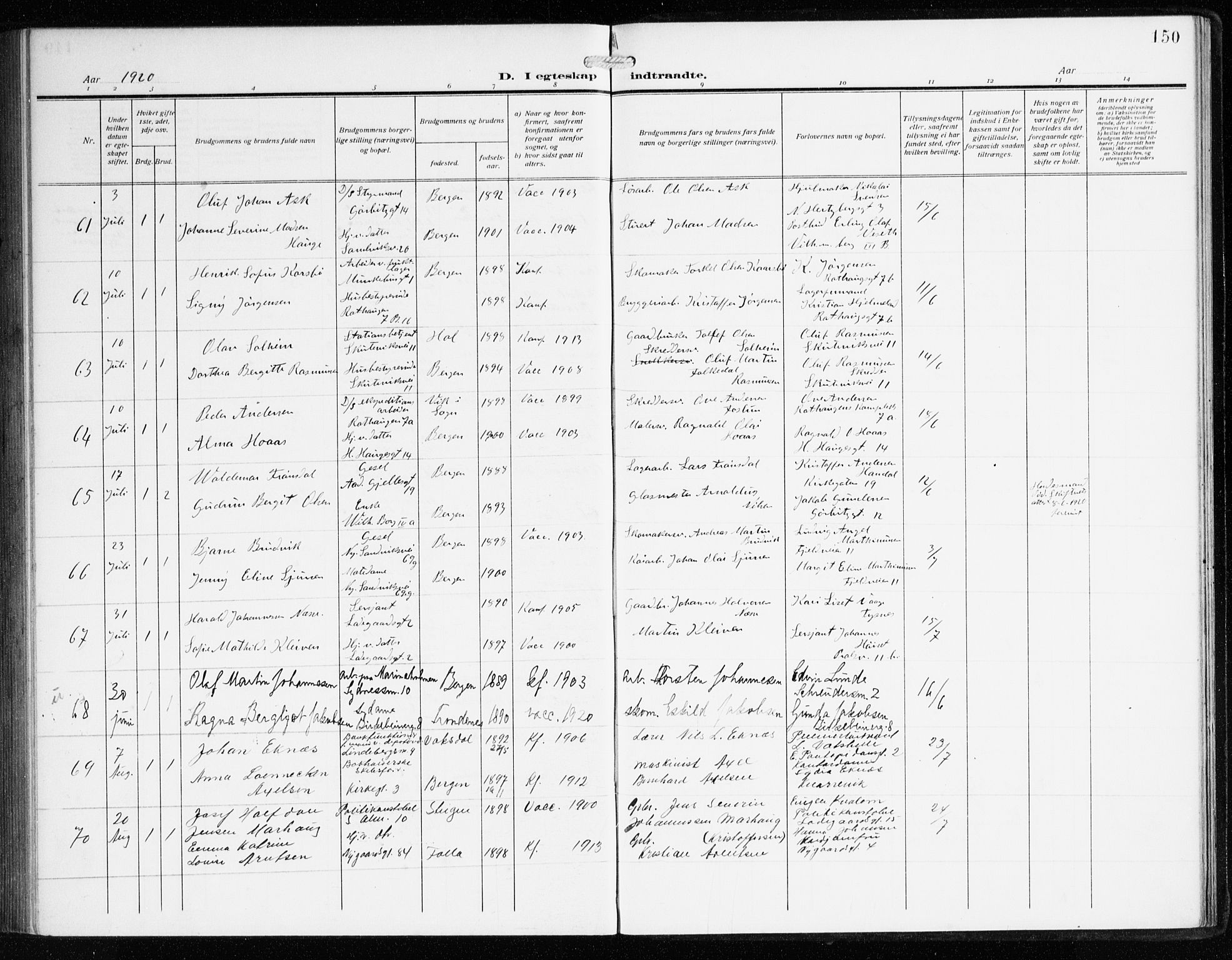 Sandviken Sokneprestembete, AV/SAB-A-77601/H/Ha/L0015: Parish register (official) no. D 2, 1911-1923, p. 150