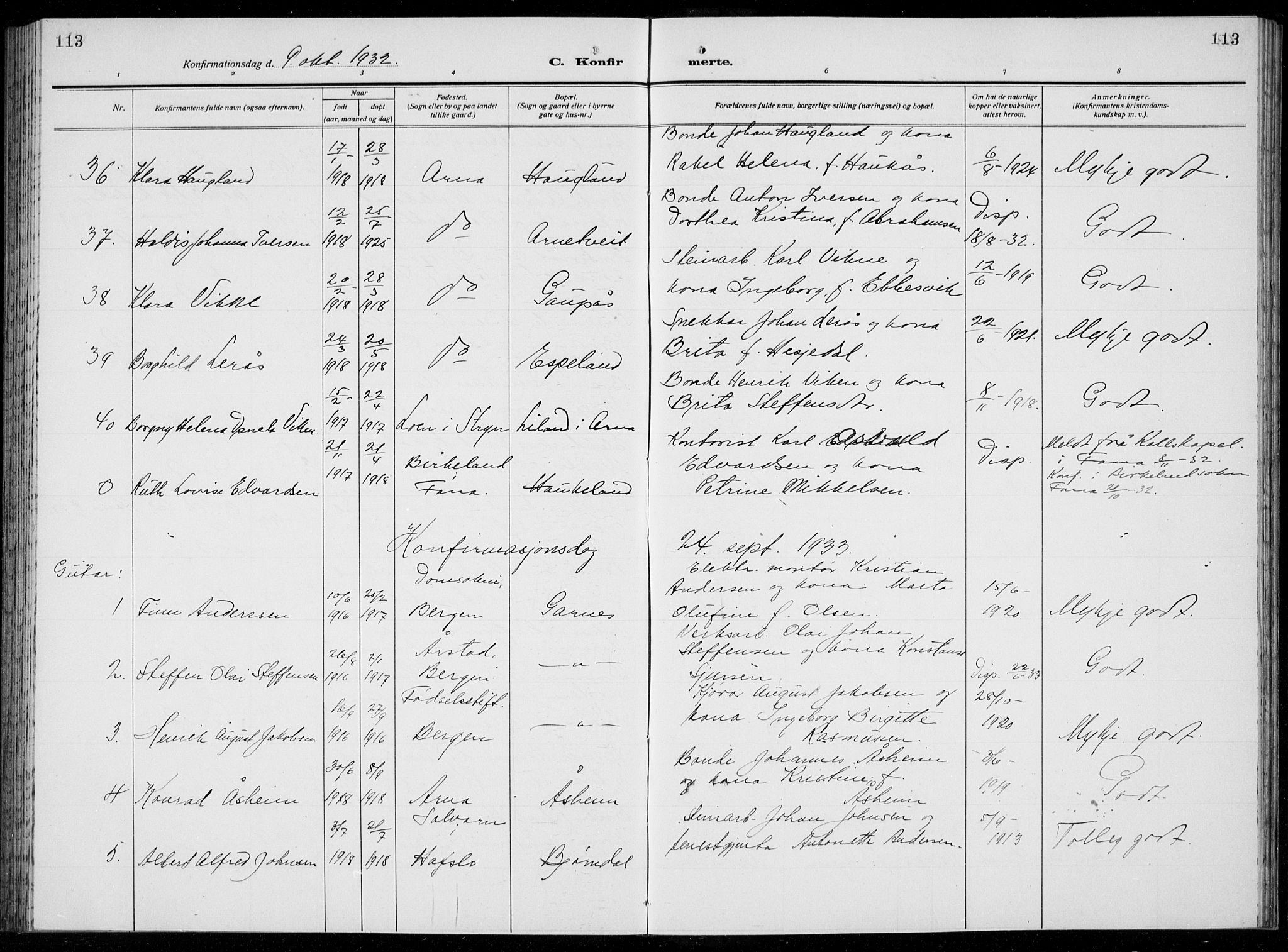 Arna Sokneprestembete, SAB/A-74001/H/Ha/Hab: Parish register (copy) no. A  6, 1922-1936, p. 113