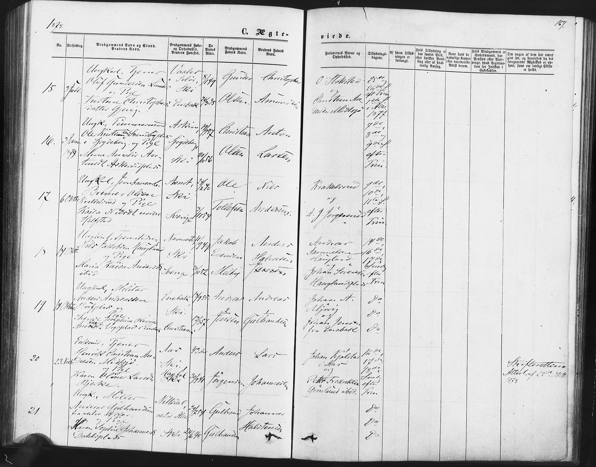 Kråkstad prestekontor Kirkebøker, AV/SAO-A-10125a/F/Fa/L0008: Parish register (official) no. I 8, 1870-1879, p. 167