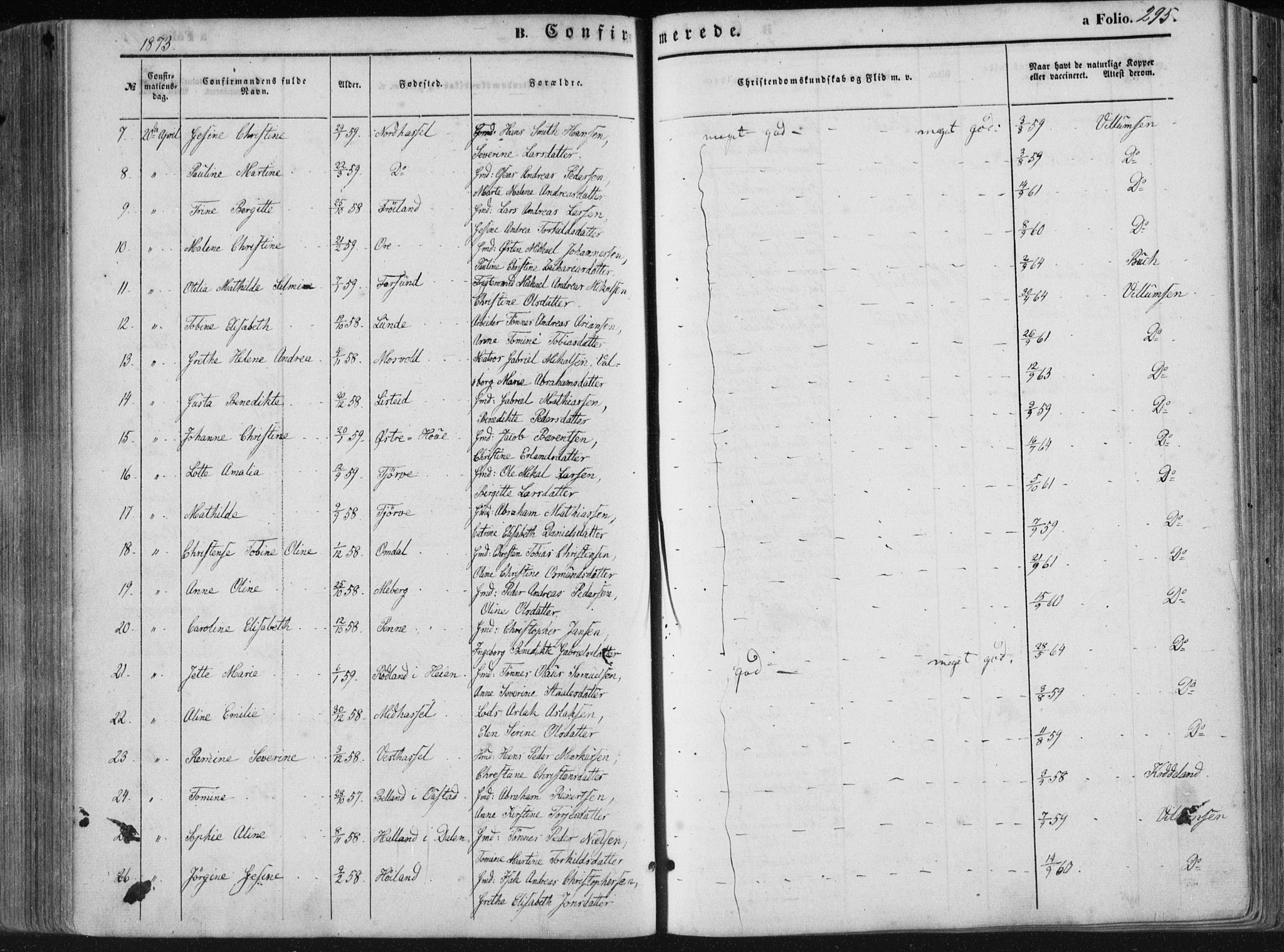 Lista sokneprestkontor, AV/SAK-1111-0027/F/Fa/L0011: Parish register (official) no. A 11, 1861-1878, p. 295