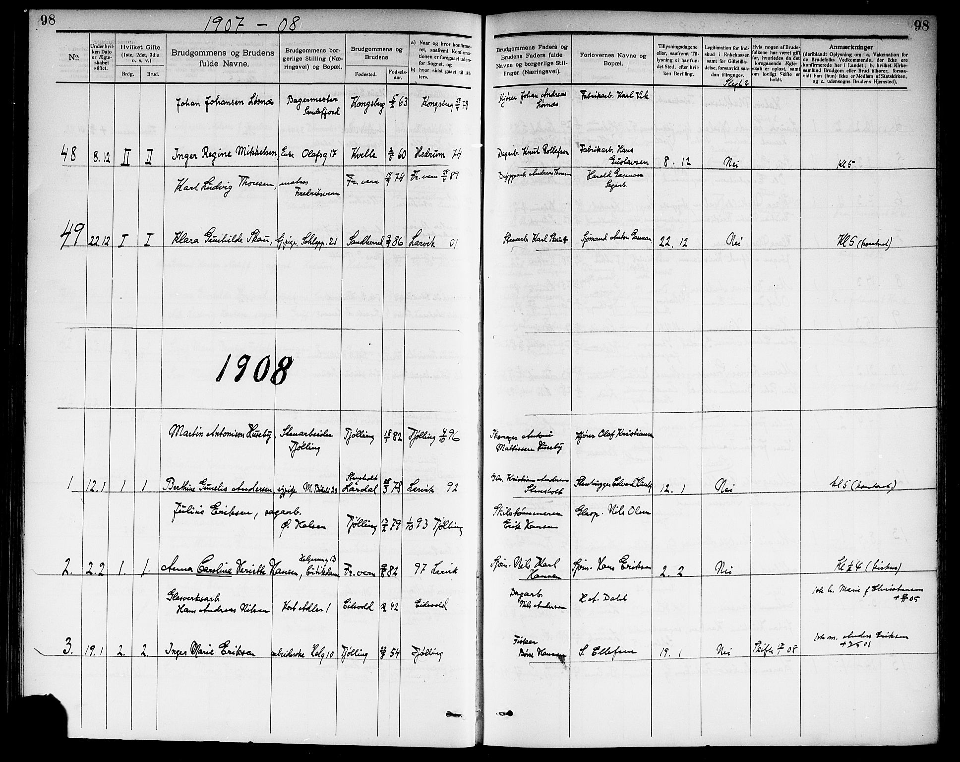 Larvik kirkebøker, AV/SAKO-A-352/G/Ga/L0006: Parish register (copy) no. I 6, 1888-1917, p. 98