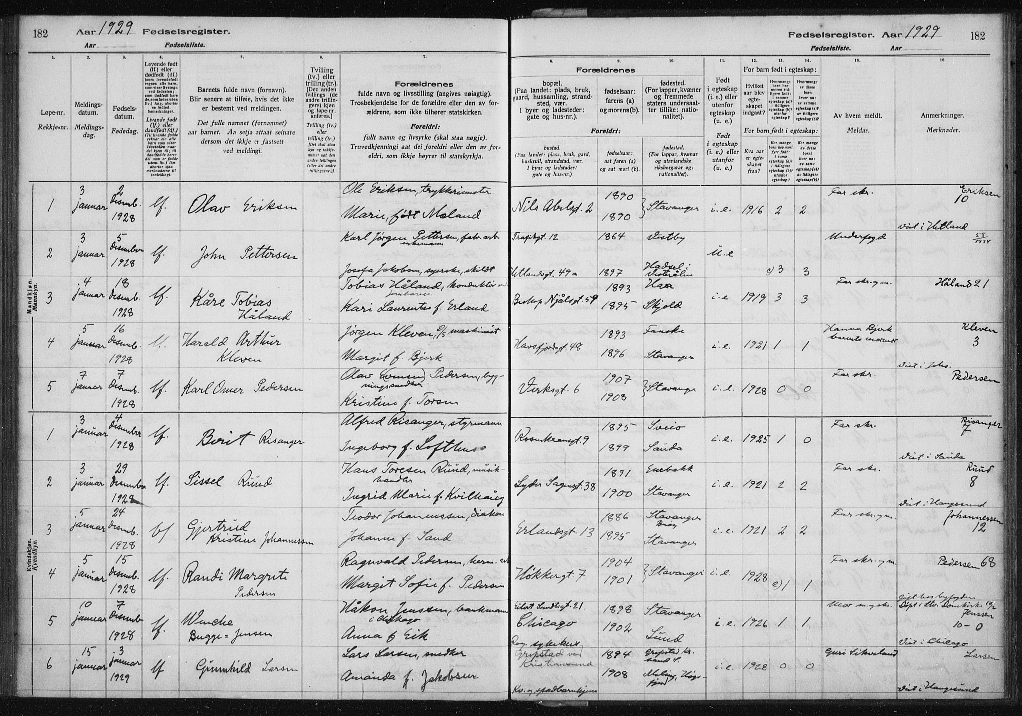 St. Petri sokneprestkontor, AV/SAST-A-101813/002/A/L0002: Birth register no. 2, 1922-1929, p. 182