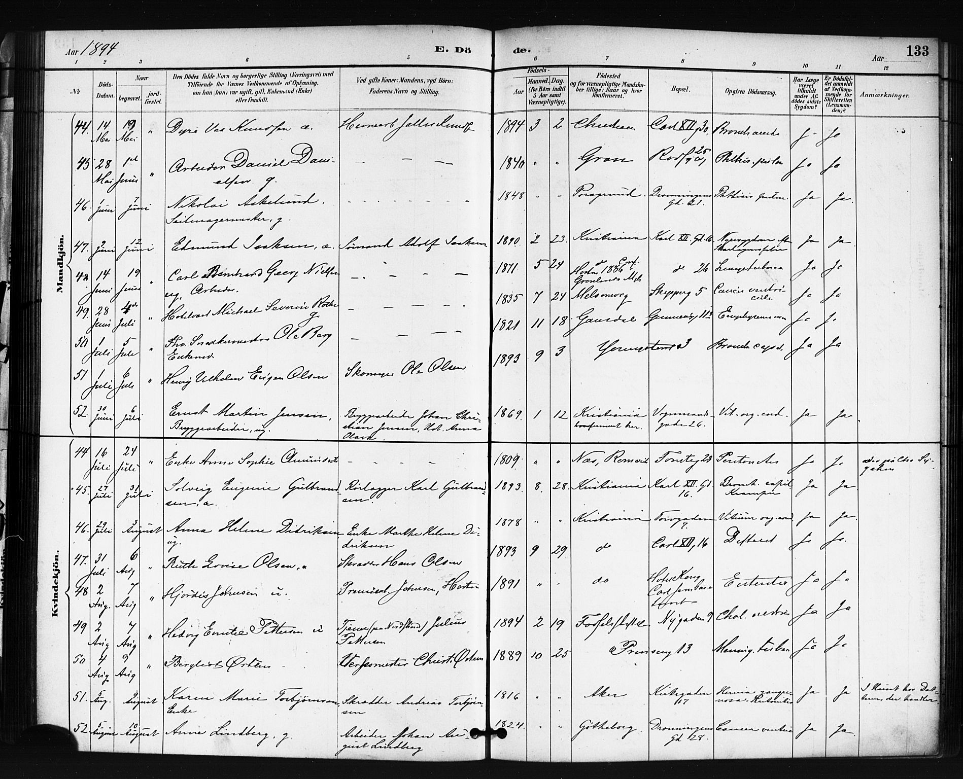 Oslo domkirke Kirkebøker, SAO/A-10752/F/Fa/L0035: Parish register (official) no. 35, 1885-1901, p. 133