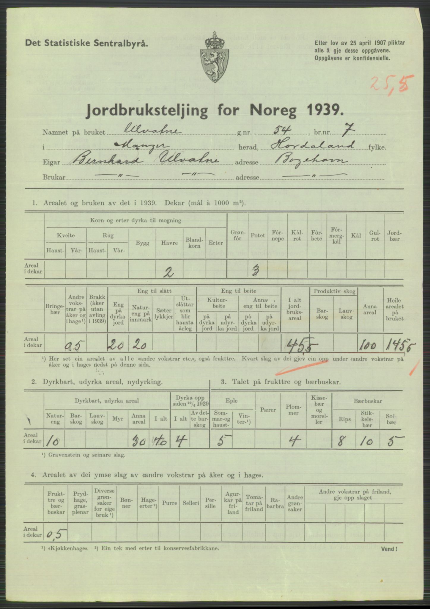 Statistisk sentralbyrå, Næringsøkonomiske emner, Jordbruk, skogbruk, jakt, fiske og fangst, AV/RA-S-2234/G/Gb/L0211: Hordaland: Herdla, Hjelme og Manger, 1939, p. 1625