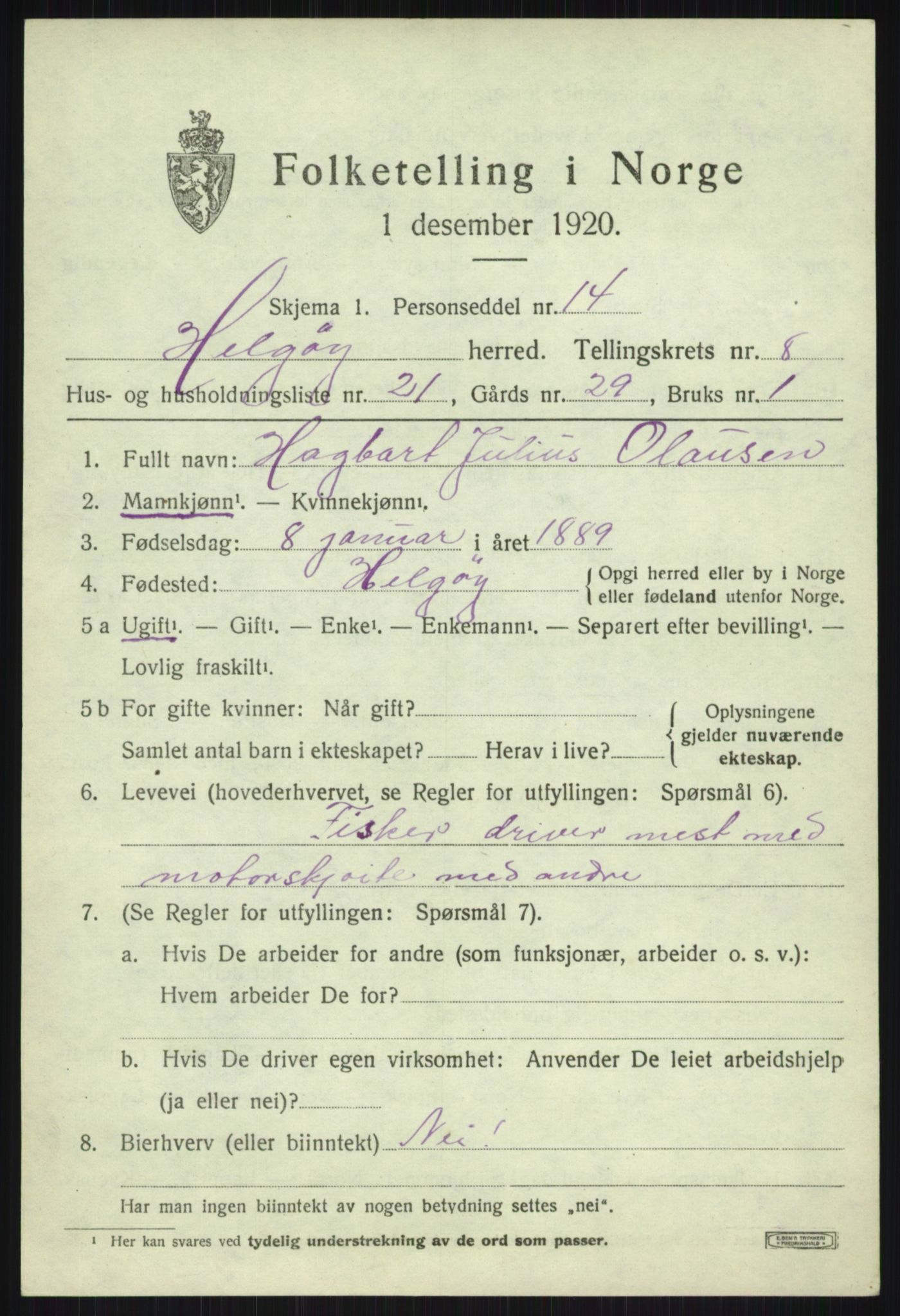 SATØ, 1920 census for Helgøy, 1920, p. 3164