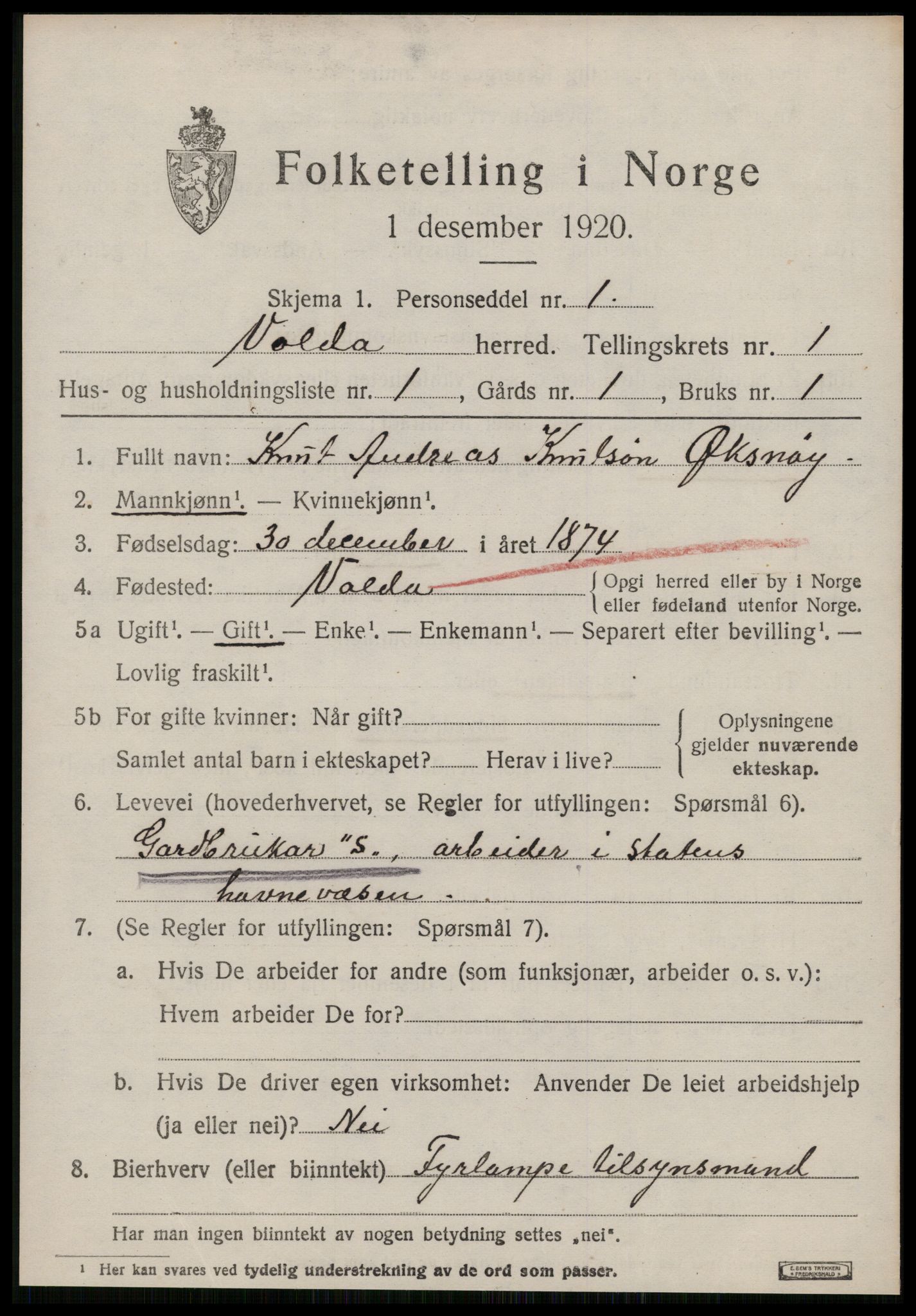 SAT, 1920 census for Volda, 1920, p. 1880