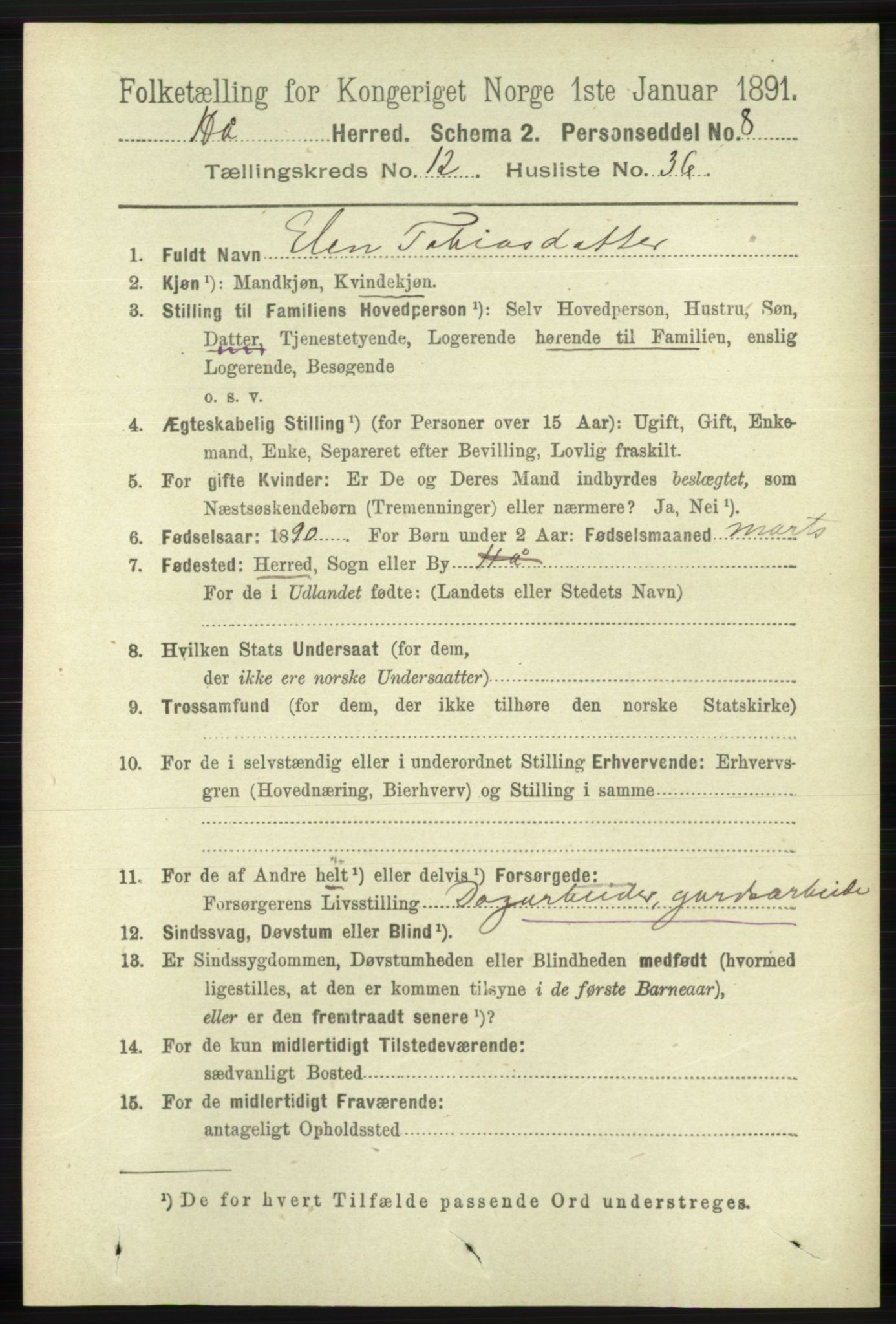 RA, 1891 census for 1119 Hå, 1891, p. 3113