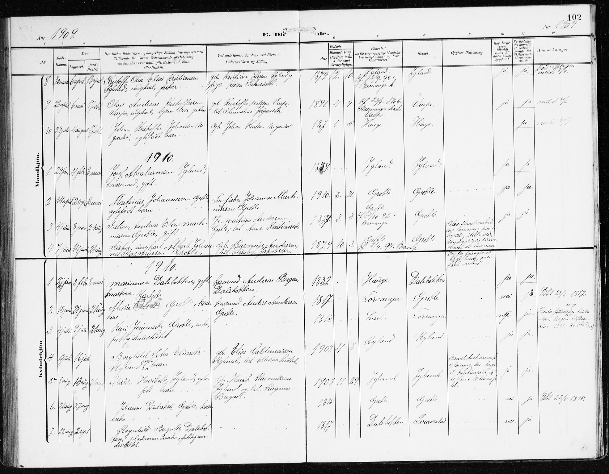 Bremanger sokneprestembete, SAB/A-82201/H/Haa/Haac/L0001: Parish register (official) no. C 1, 1908-1921, p. 102