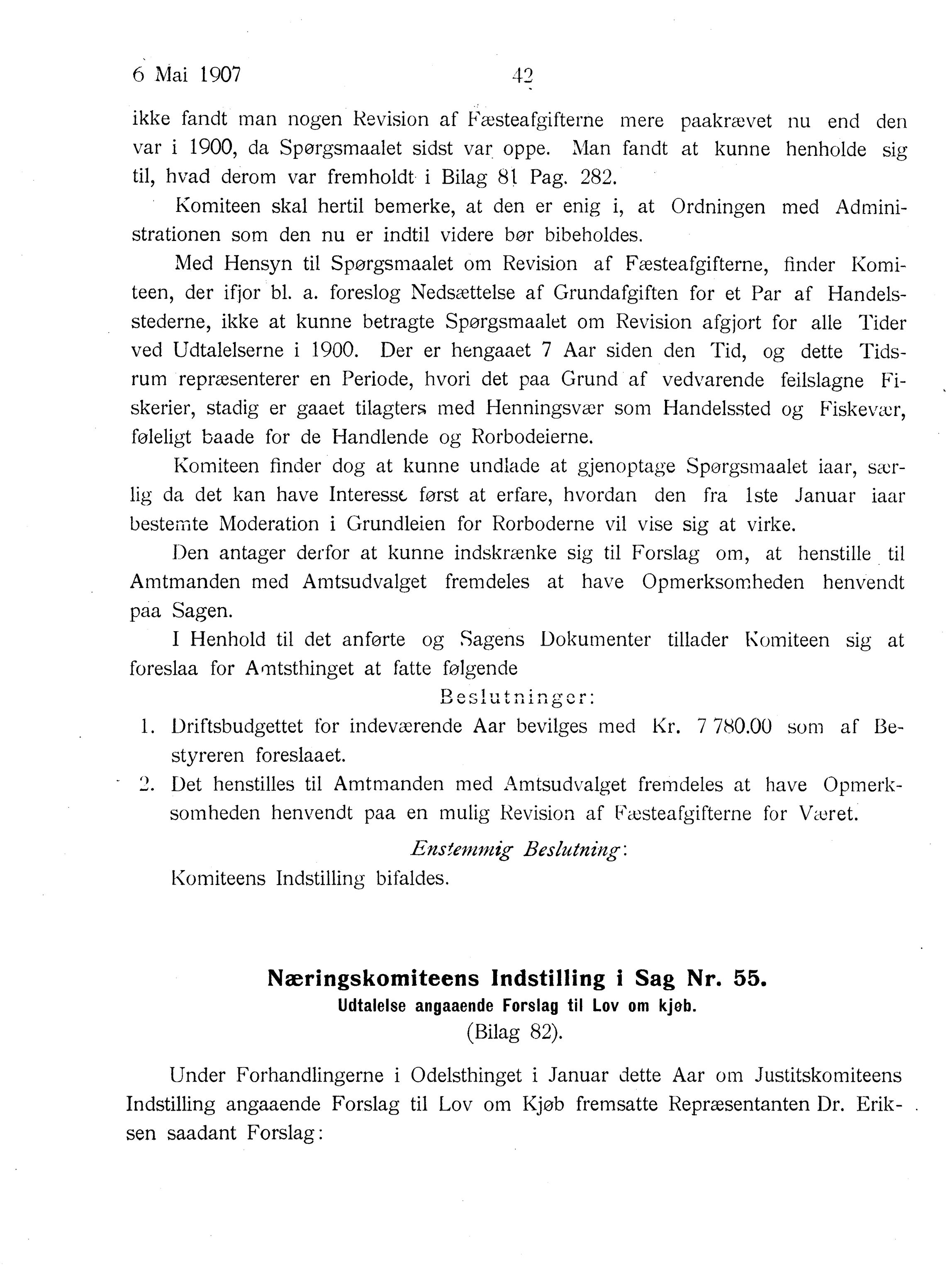 Nordland Fylkeskommune. Fylkestinget, AIN/NFK-17/176/A/Ac/L0030: Fylkestingsforhandlinger 1907, 1907