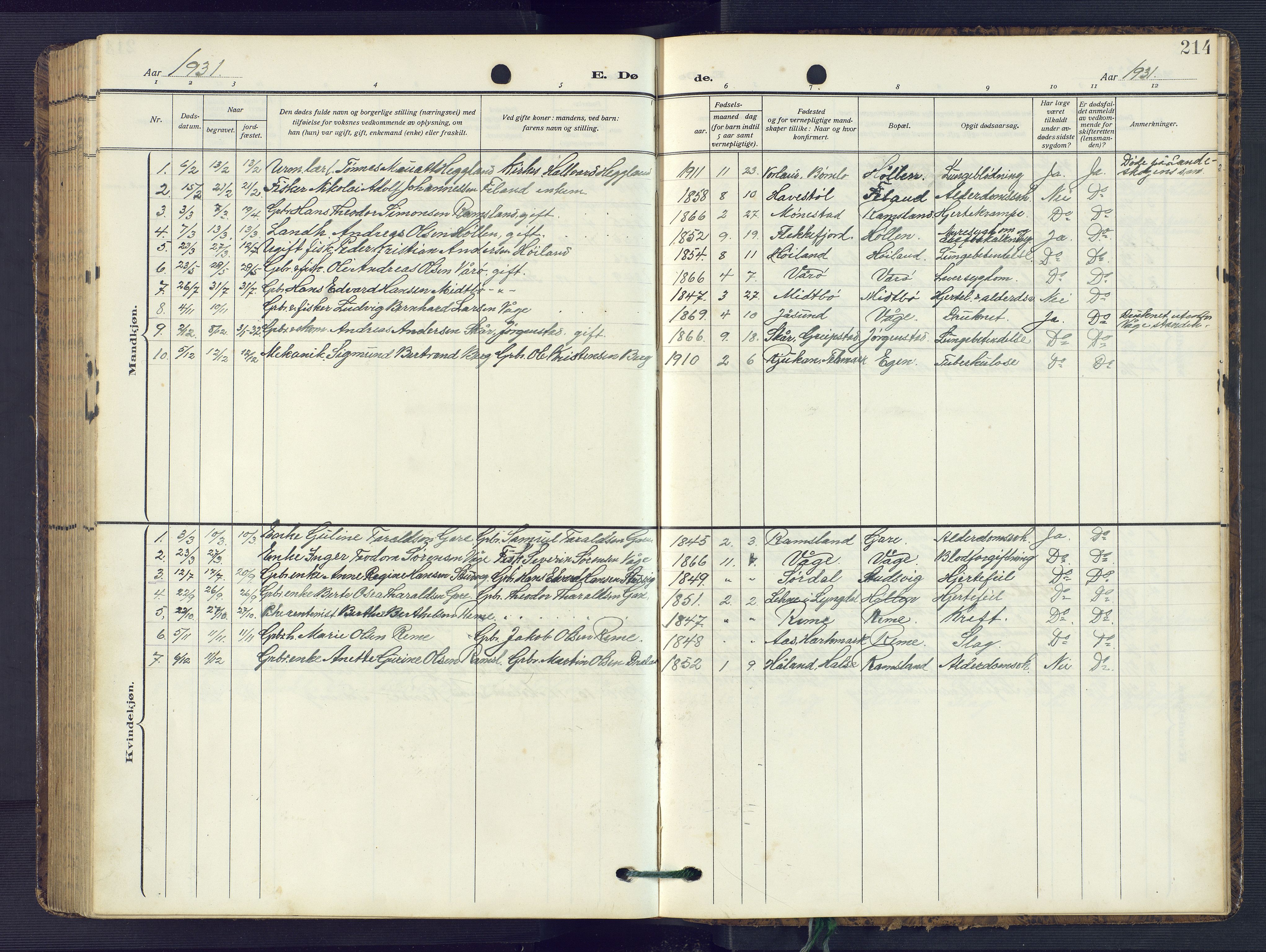 Sør-Audnedal sokneprestkontor, SAK/1111-0039/F/Fb/Fba/L0005: Parish register (copy) no. B 5, 1908-1963, p. 214