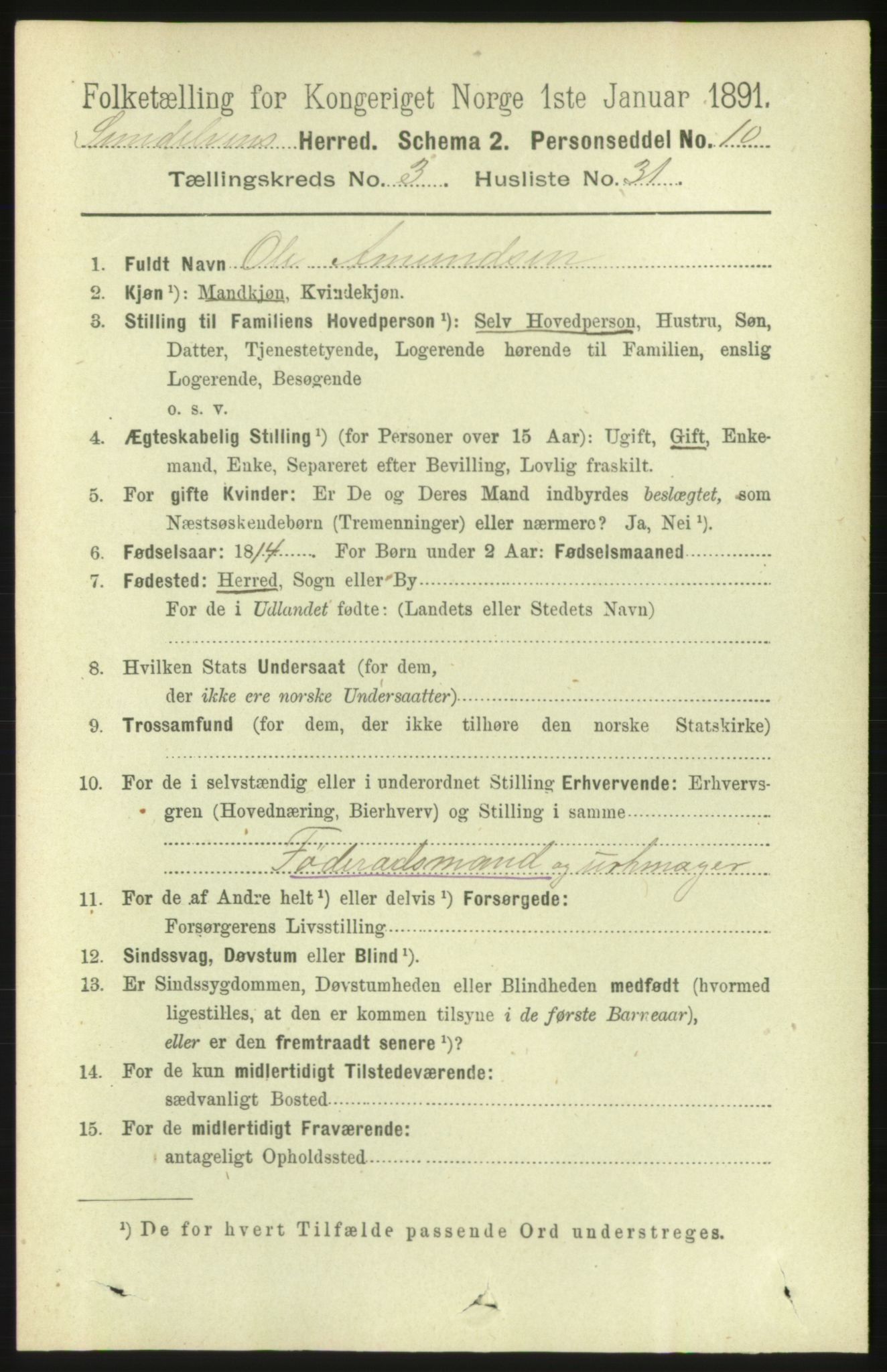 RA, 1891 census for 1523 Sunnylven, 1891, p. 834