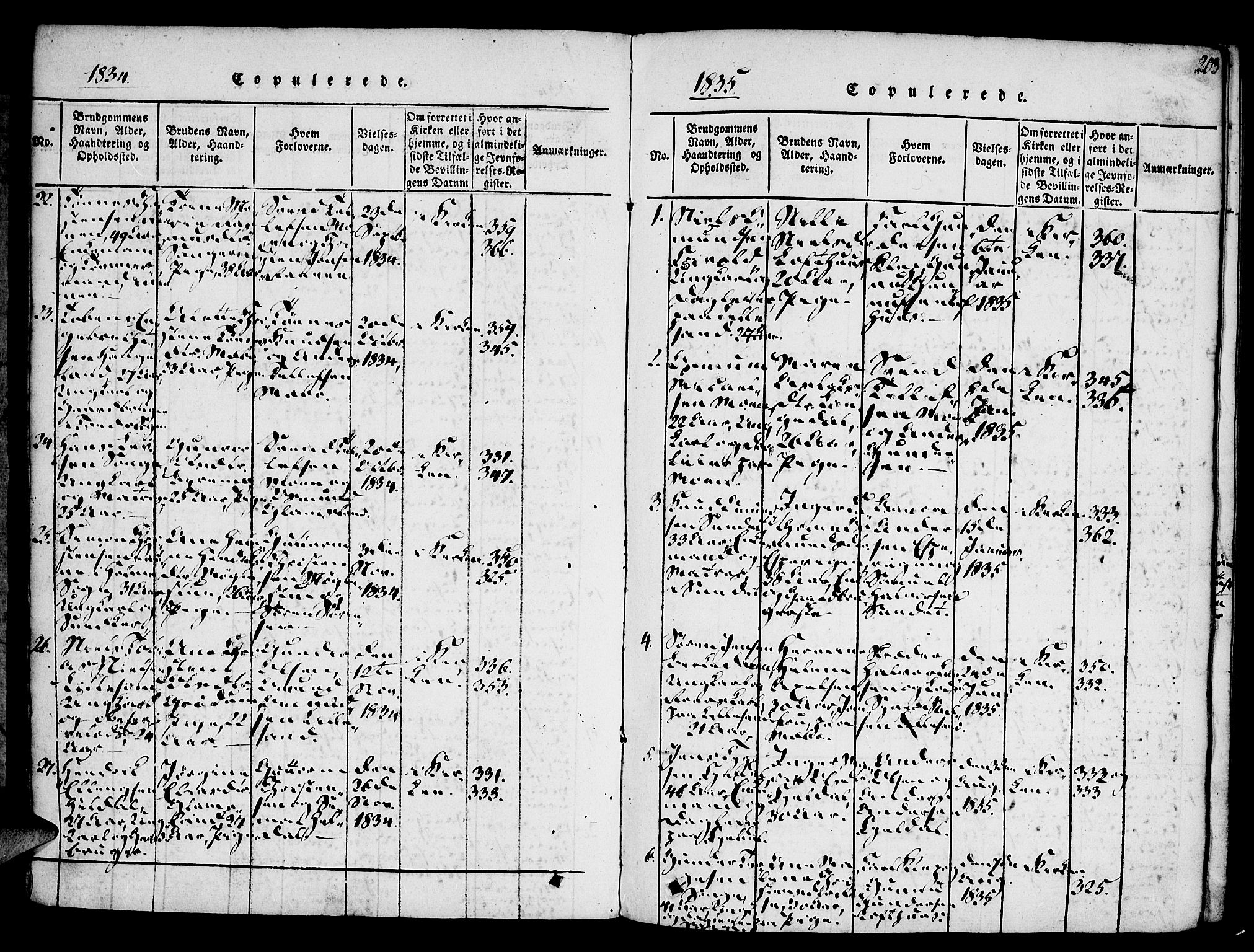 Vestre Moland sokneprestkontor, SAK/1111-0046/F/Fa/Fab/L0003: Parish register (official) no. A 3, 1816-1843, p. 203