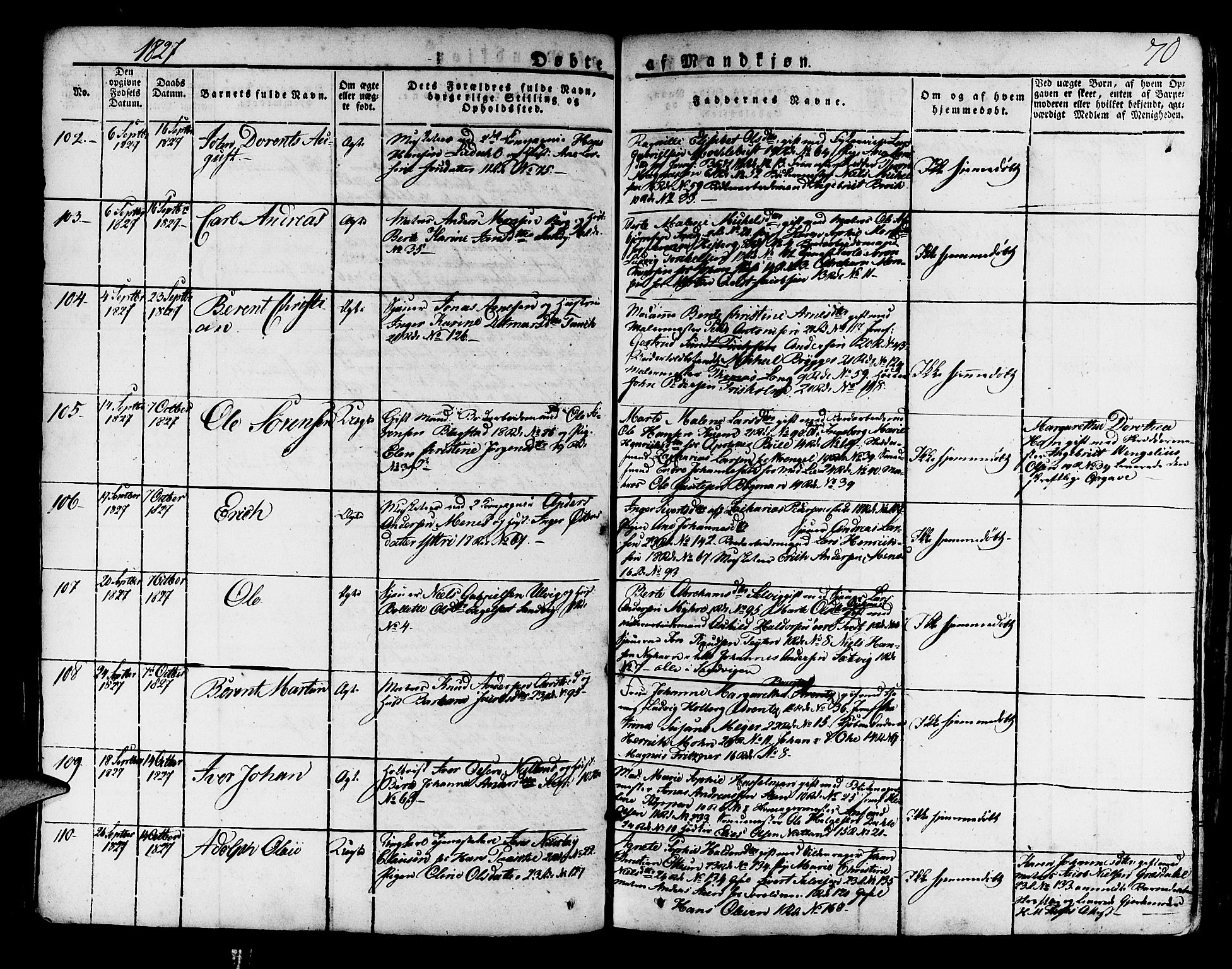 Korskirken sokneprestembete, SAB/A-76101/H/Haa/L0014: Parish register (official) no. A 14, 1823-1835, p. 70