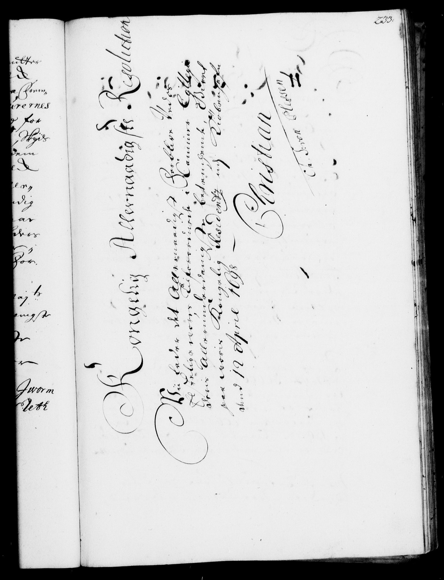 Rentekammeret, Kammerkanselliet, RA/EA-3111/G/Gf/Gfa/L0001: Resolusjonsprotokoll med register (merket RK 52.1), 1695-1706, p. 233
