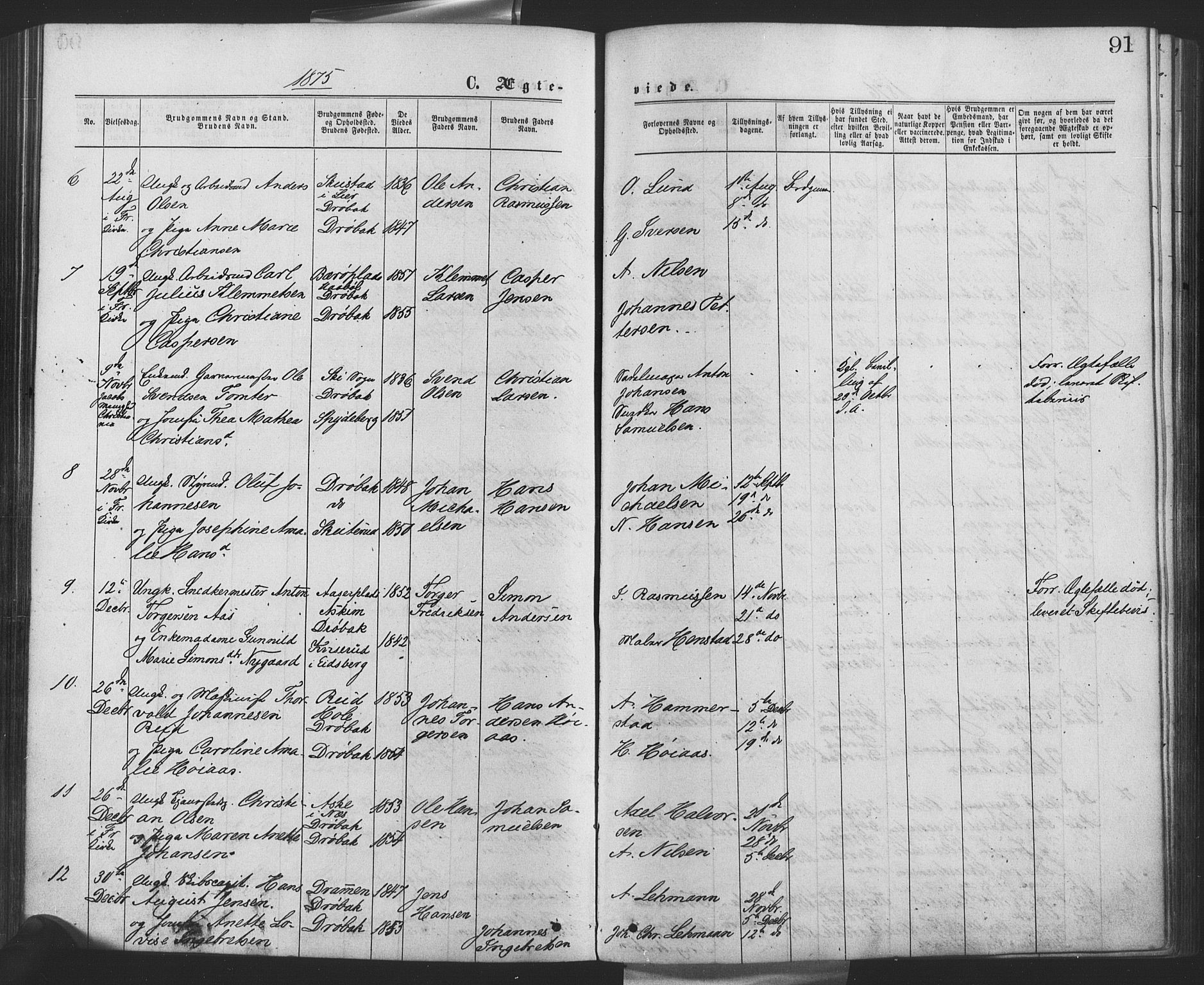 Drøbak prestekontor Kirkebøker, SAO/A-10142a/F/Fa/L0003: Parish register (official) no. I 3, 1871-1877, p. 91