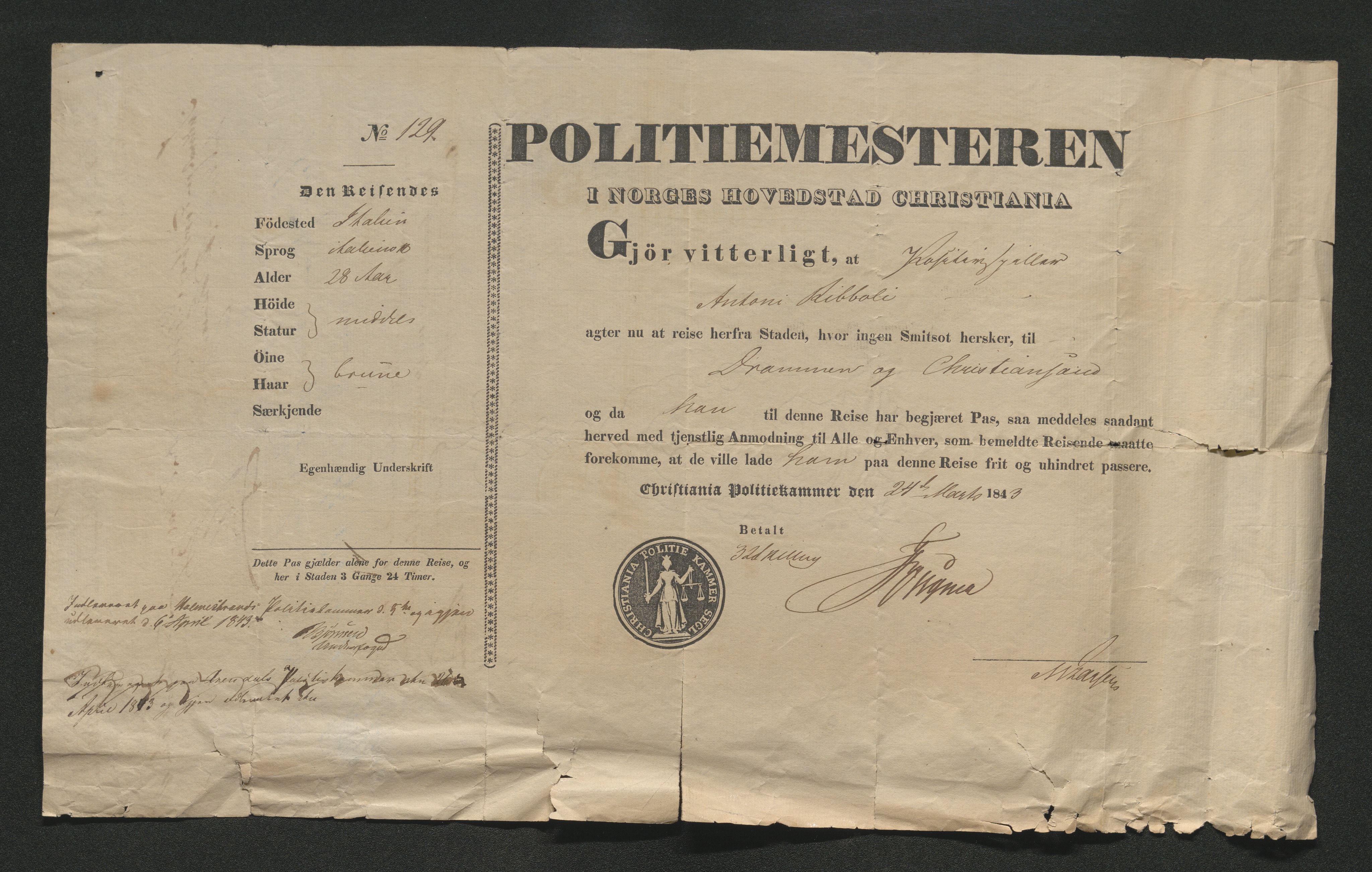 Drammen politikammer, AV/SAKO-A-623/I/Ia/Iab/L0007: Innleverte pass, 1843-1844, p. 127
