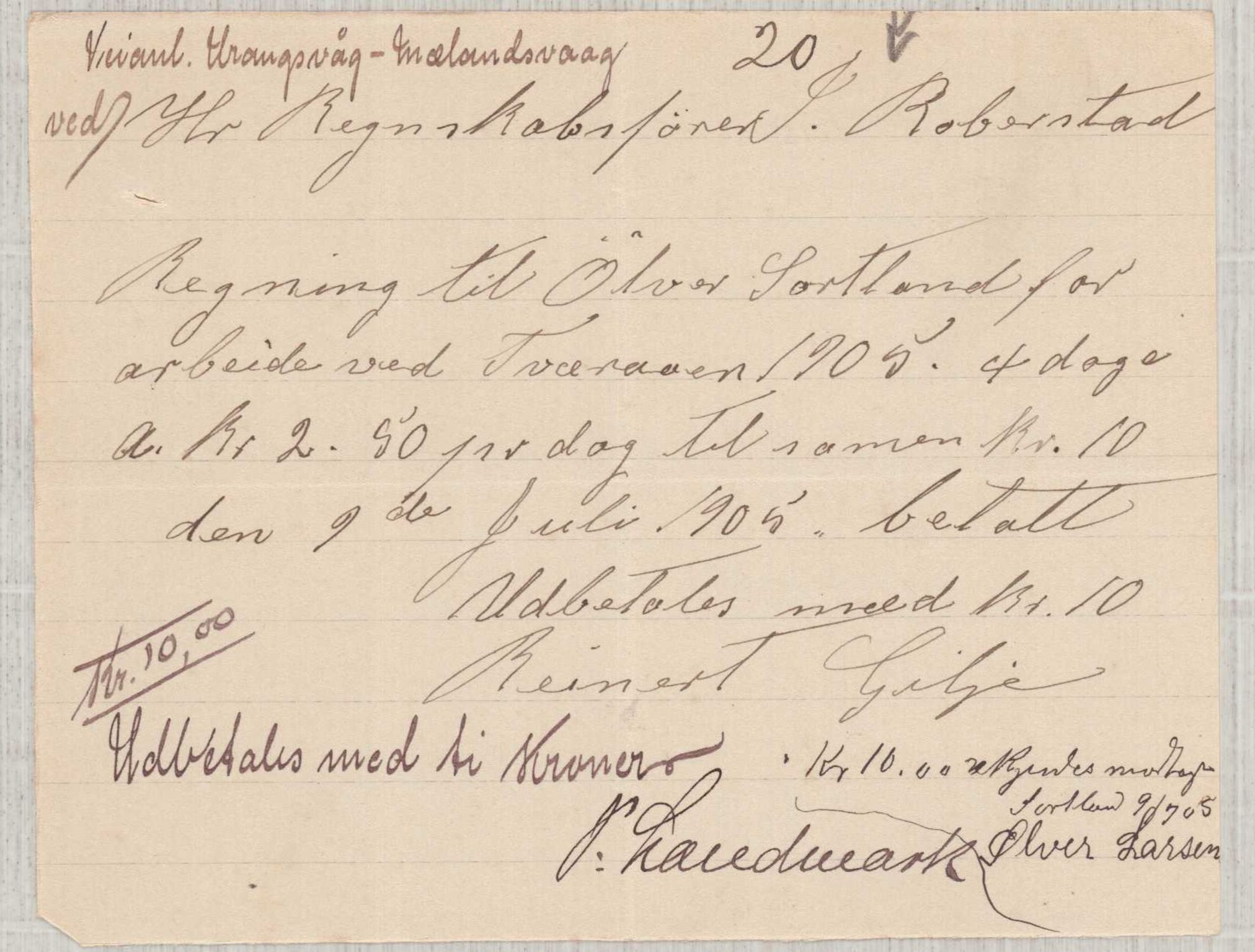 Finnaas kommune. Formannskapet, IKAH/1218a-021/E/Ea/L0002/0003: Rekneskap for veganlegg / Rekneskap for veganlegget Urangsvåg - Mælandsvåg, 1904-1905, p. 87