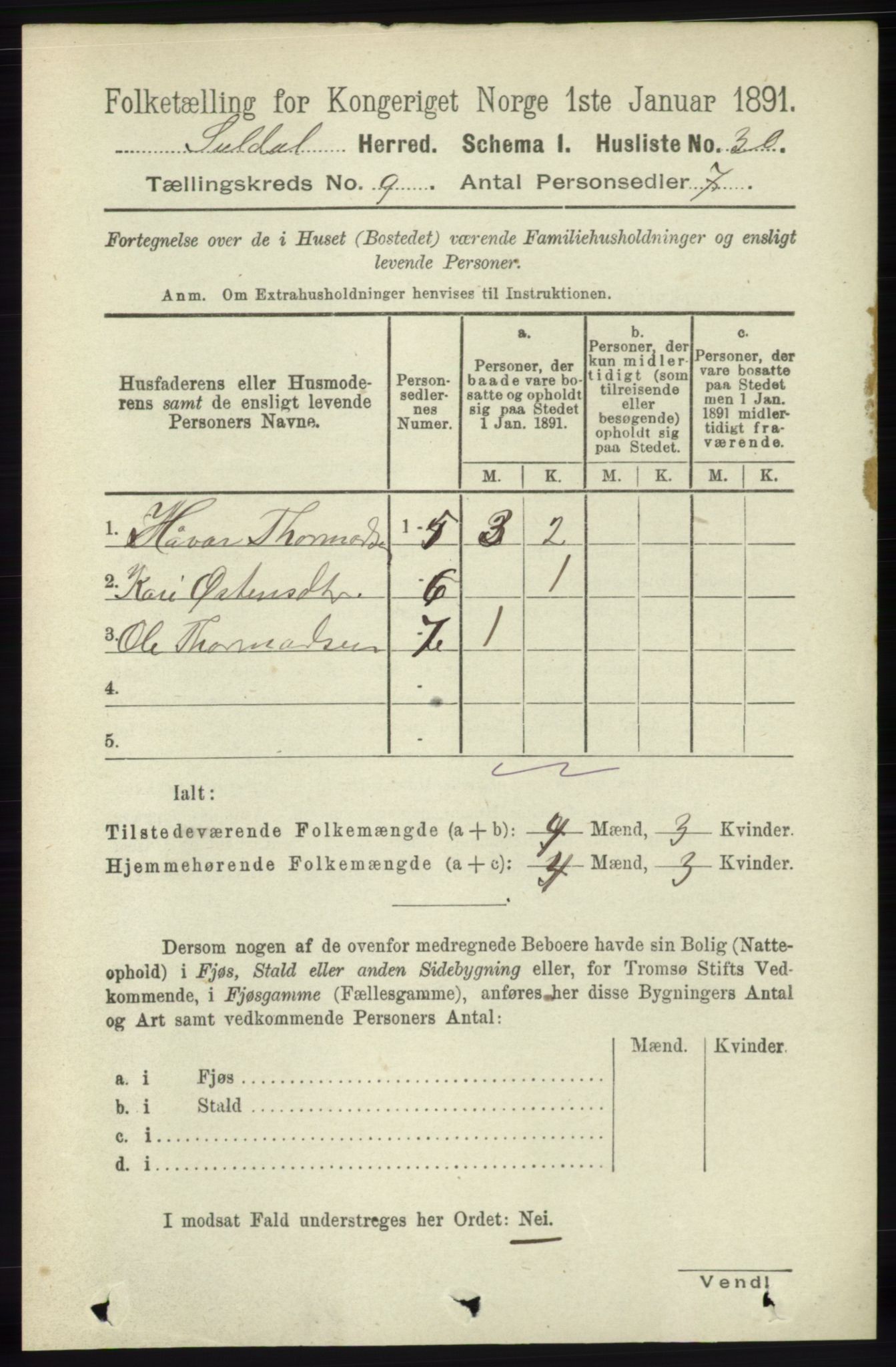 RA, 1891 census for 1134 Suldal, 1891, p. 2652