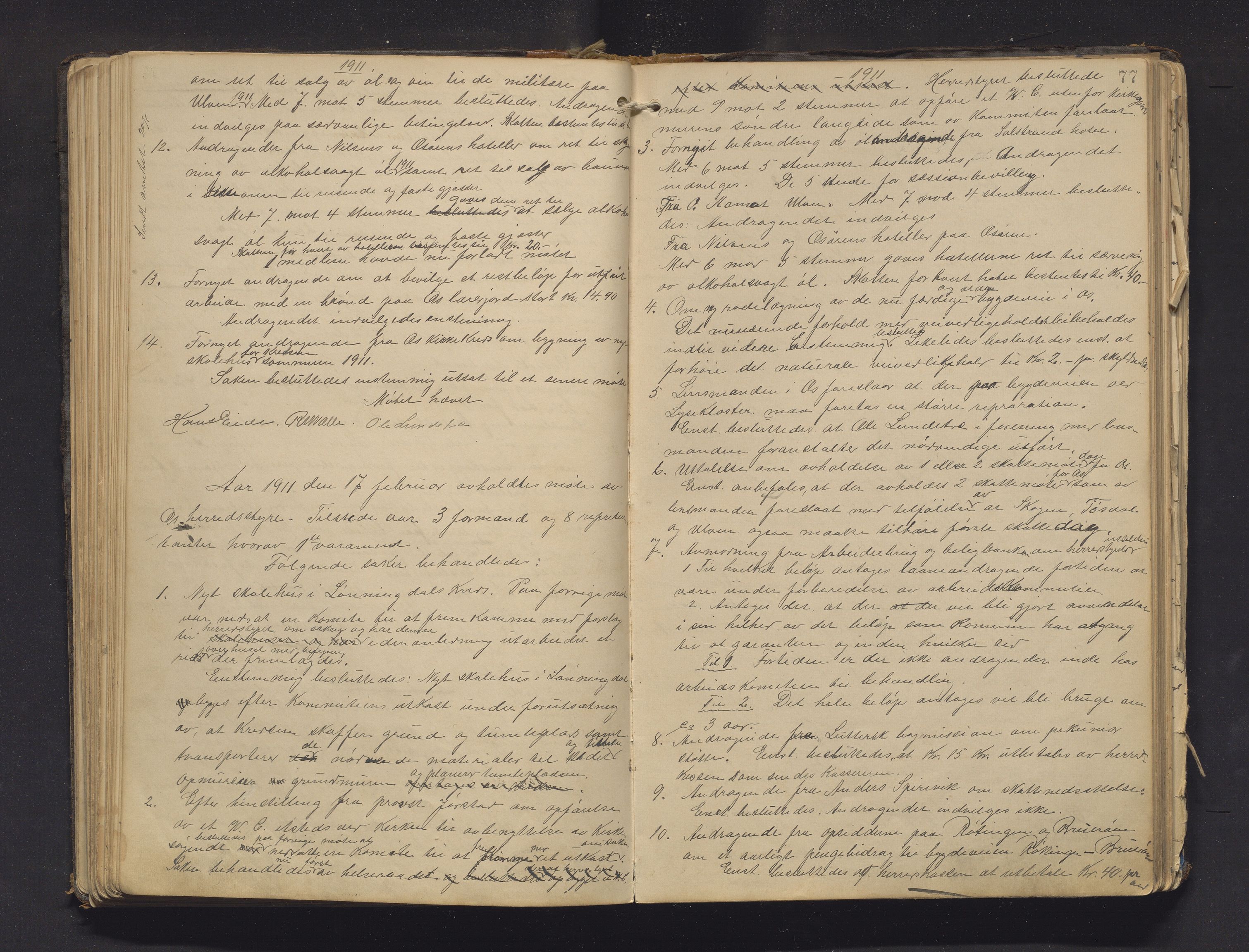 Os kommune. Formannskapet, IKAH/1243-021/A/Aa/L0005: Møtebok for formannskap, heradsstyre og soknestyra i Os og Samnanger soknekommunar, 1902-1917, p. 77