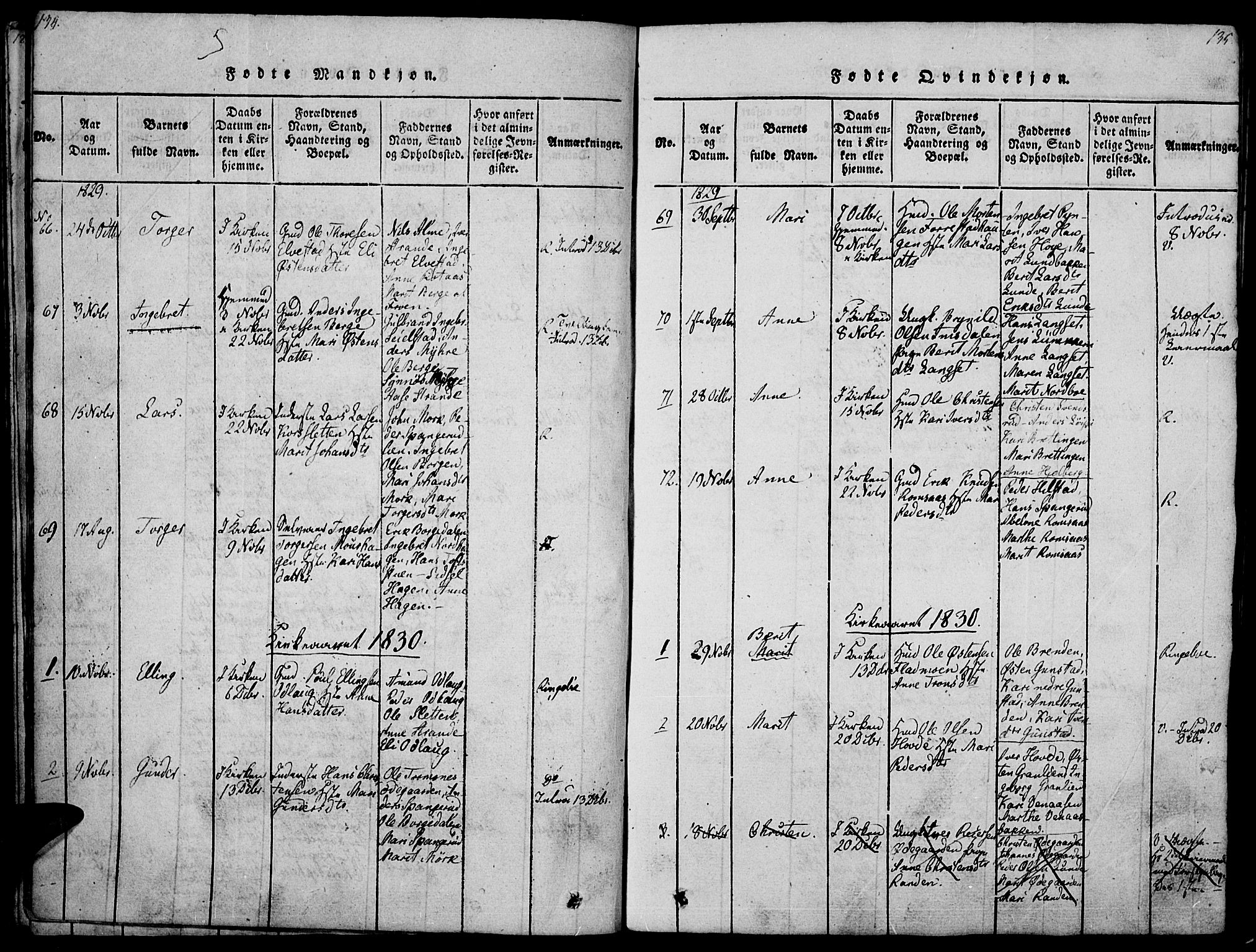 Ringebu prestekontor, SAH/PREST-082/H/Ha/Haa/L0004: Parish register (official) no. 4, 1821-1839, p. 134-135