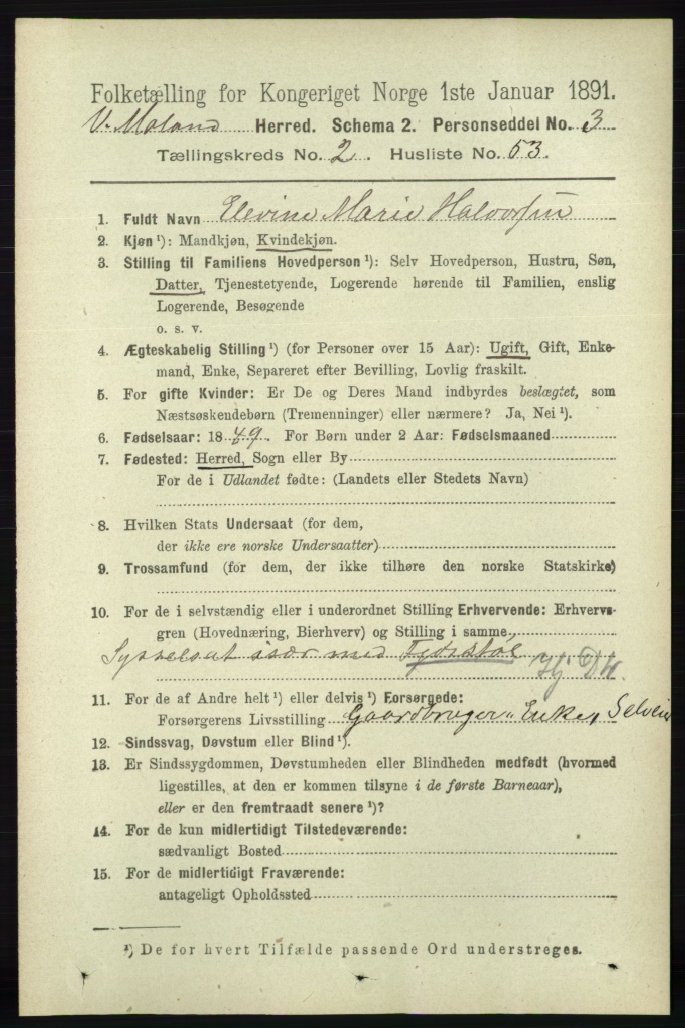 RA, 1891 census for 0926 Vestre Moland, 1891, p. 903