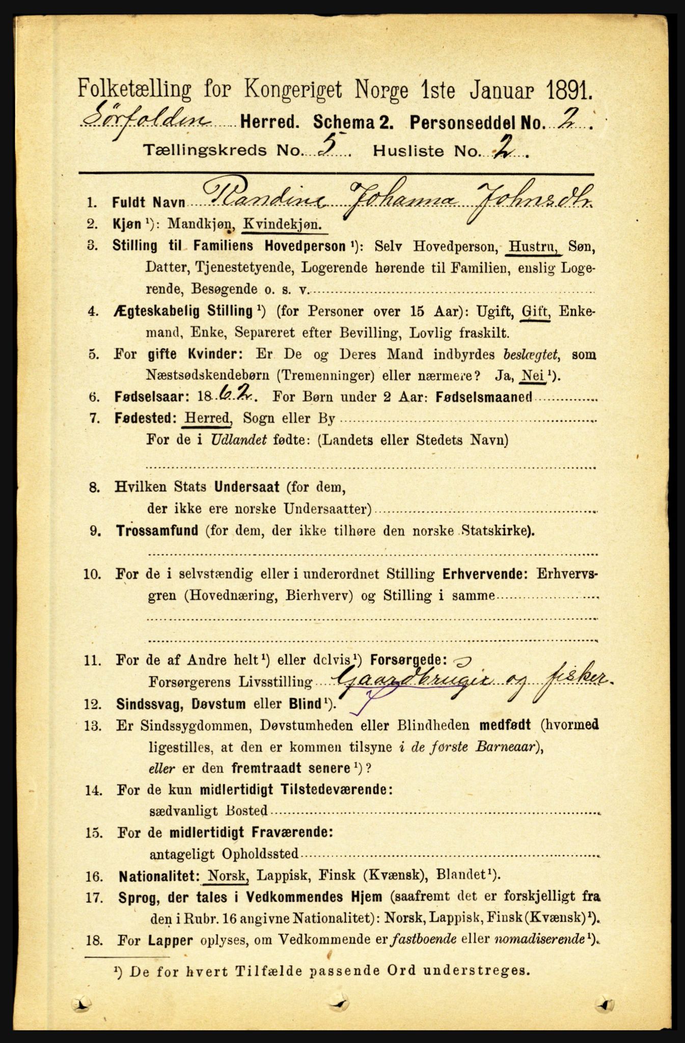 RA, 1891 census for 1845 Sørfold, 1891, p. 1371