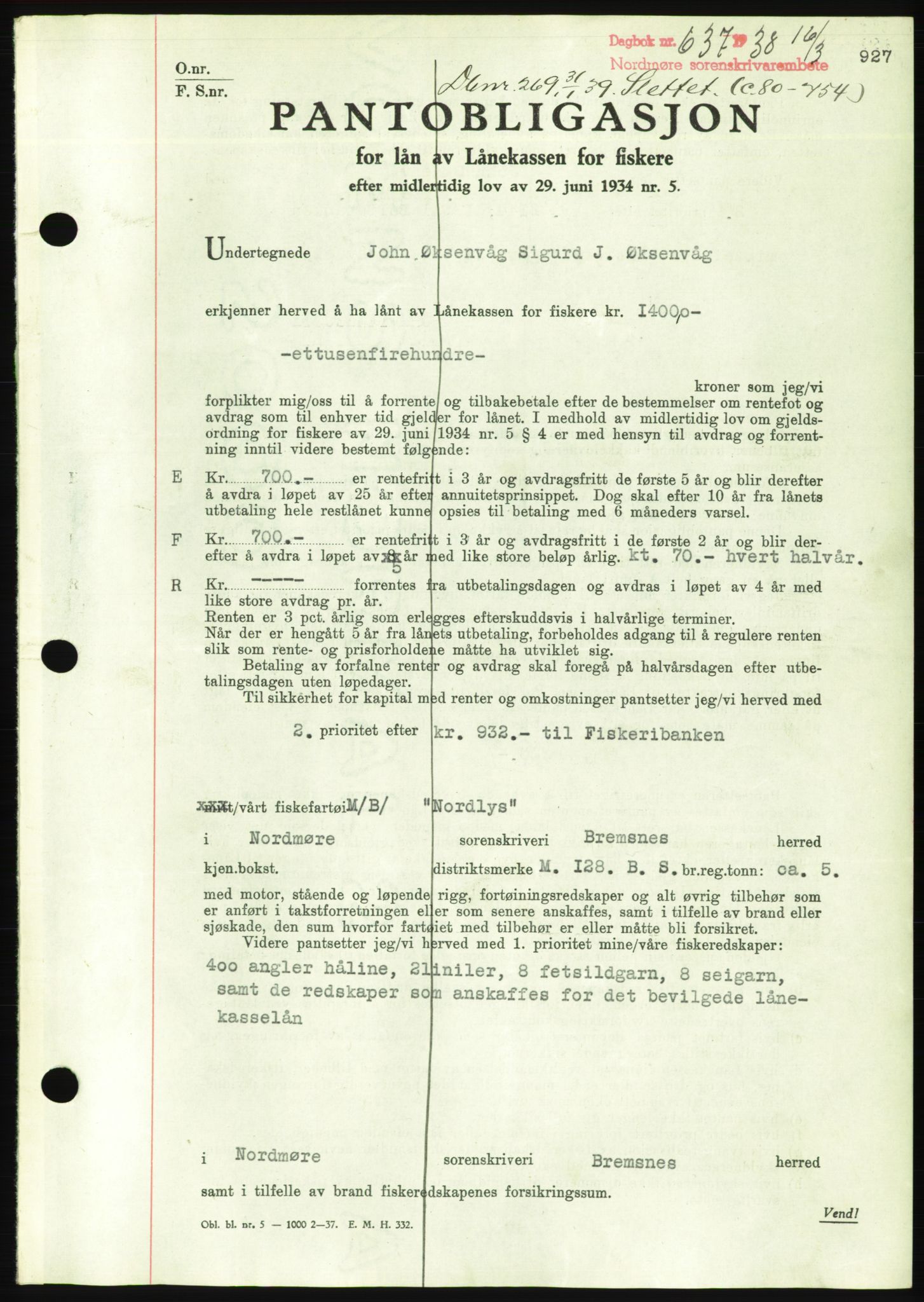 Nordmøre sorenskriveri, AV/SAT-A-4132/1/2/2Ca/L0092: Mortgage book no. B82, 1937-1938, Diary no: : 637/1938