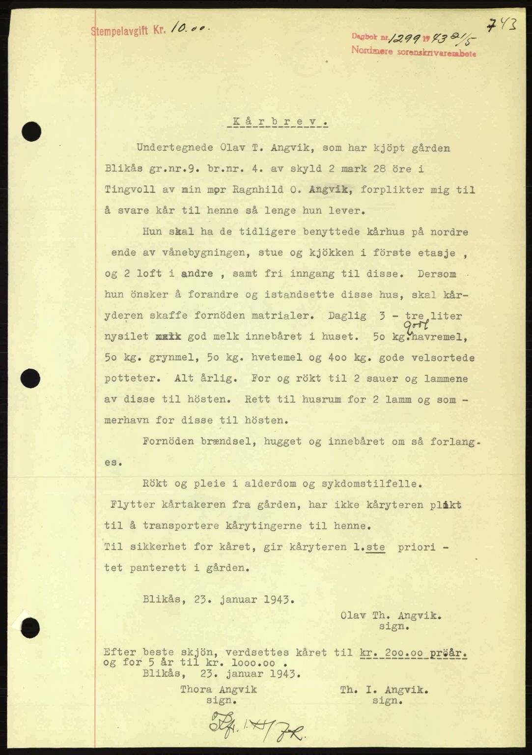 Nordmøre sorenskriveri, AV/SAT-A-4132/1/2/2Ca: Mortgage book no. B90, 1942-1943, Diary no: : 1299/1943