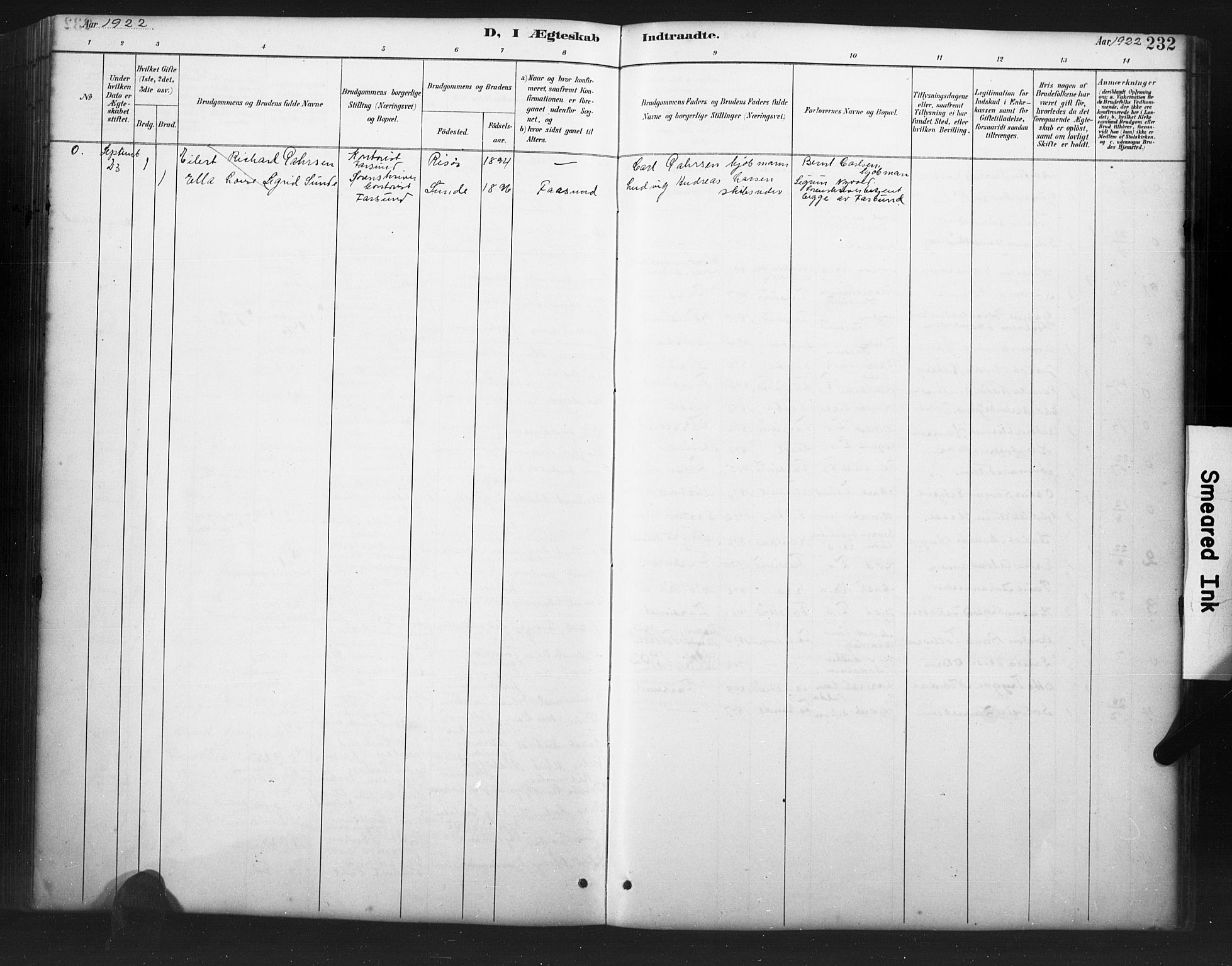 Farsund sokneprestkontor, AV/SAK-1111-0009/F/Fb/L0001: Parish register (copy) no. B 1, 1886-1931, p. 232