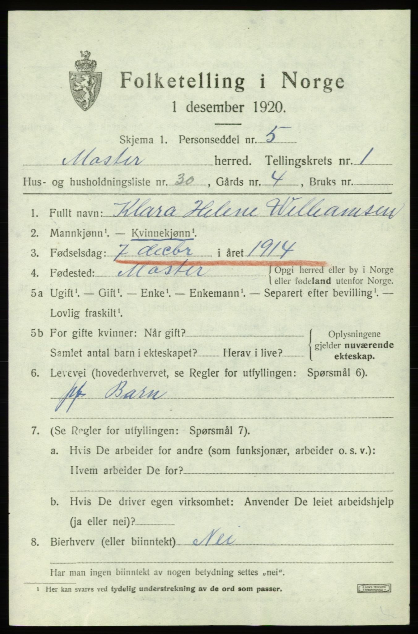 SAB, 1920 census for Moster, 1920, p. 815