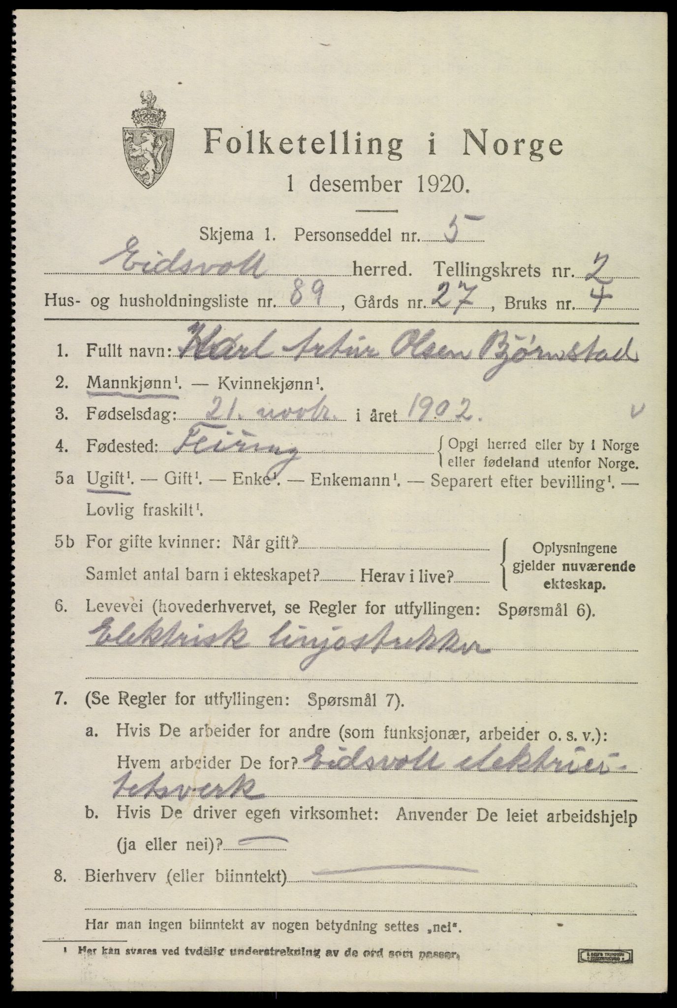 SAO, 1920 census for Eidsvoll, 1920, p. 7617