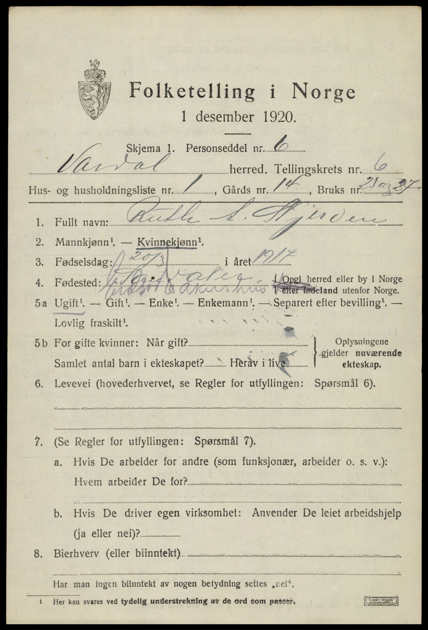 SAH, 1920 census for Vardal, 1920, p. 3873