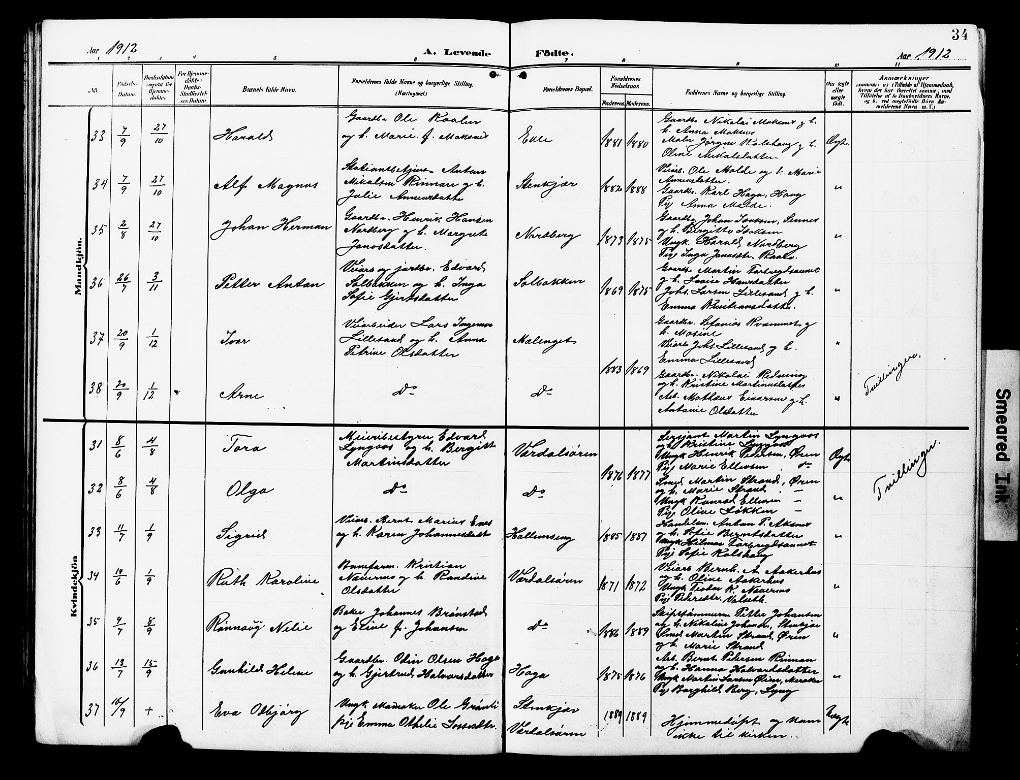 Ministerialprotokoller, klokkerbøker og fødselsregistre - Nord-Trøndelag, SAT/A-1458/723/L0258: Parish register (copy) no. 723C06, 1908-1927, p. 34