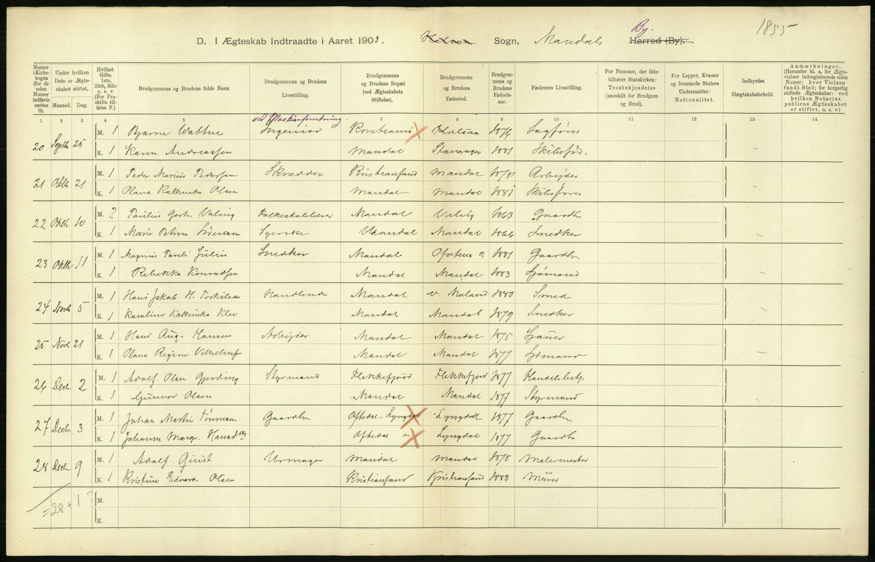 Statistisk sentralbyrå, Sosiodemografiske emner, Befolkning, AV/RA-S-2228/D/Df/Dfa/Dfaa/L0011: Lister og Mandal amt: Fødte, gifte, døde, 1903, p. 358