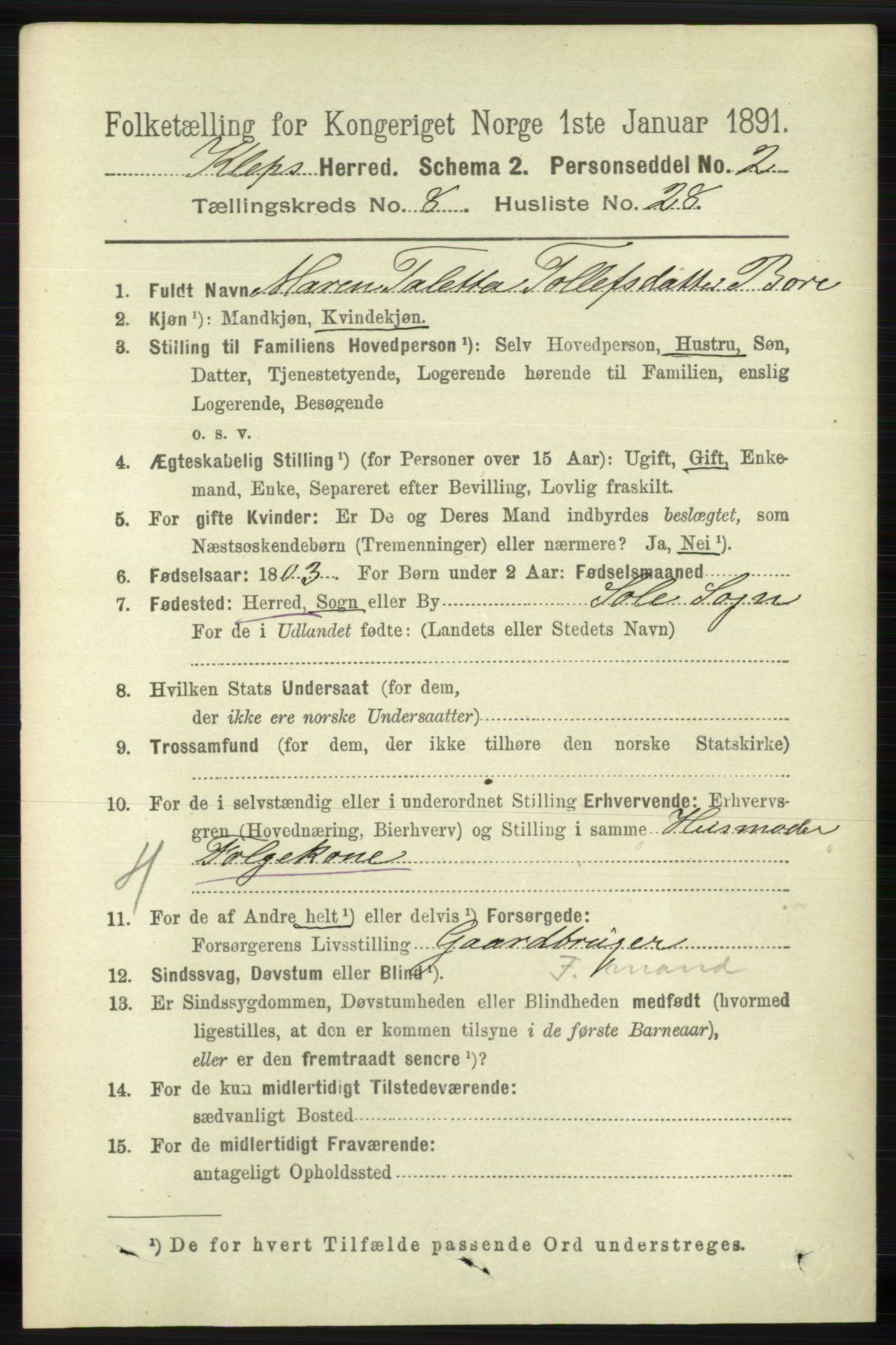 RA, 1891 census for 1120 Klepp, 1891, p. 2705